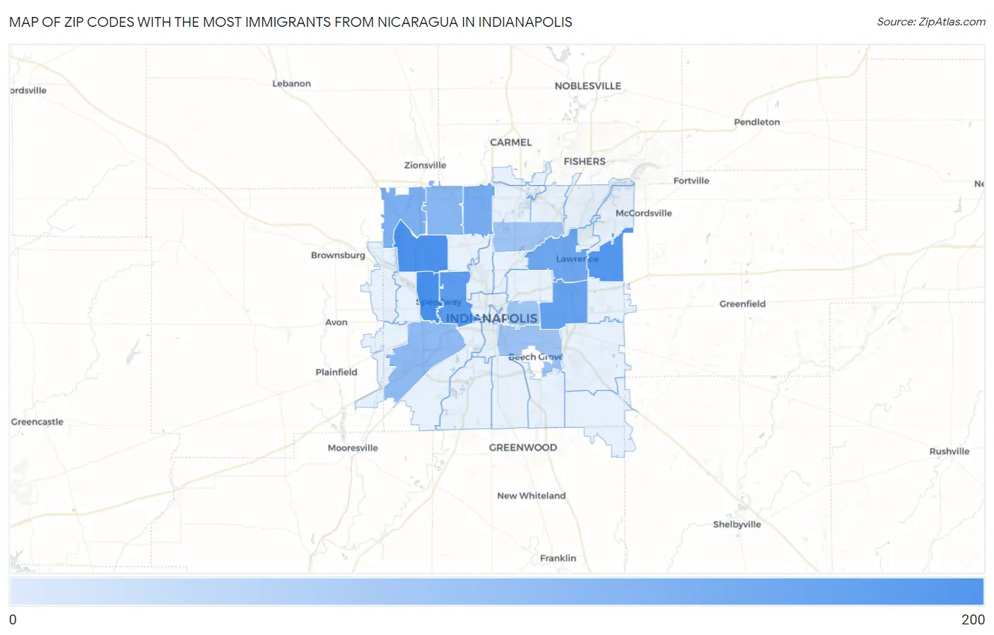 Zip Codes with the Most Immigrants from Nicaragua in Indianapolis Map