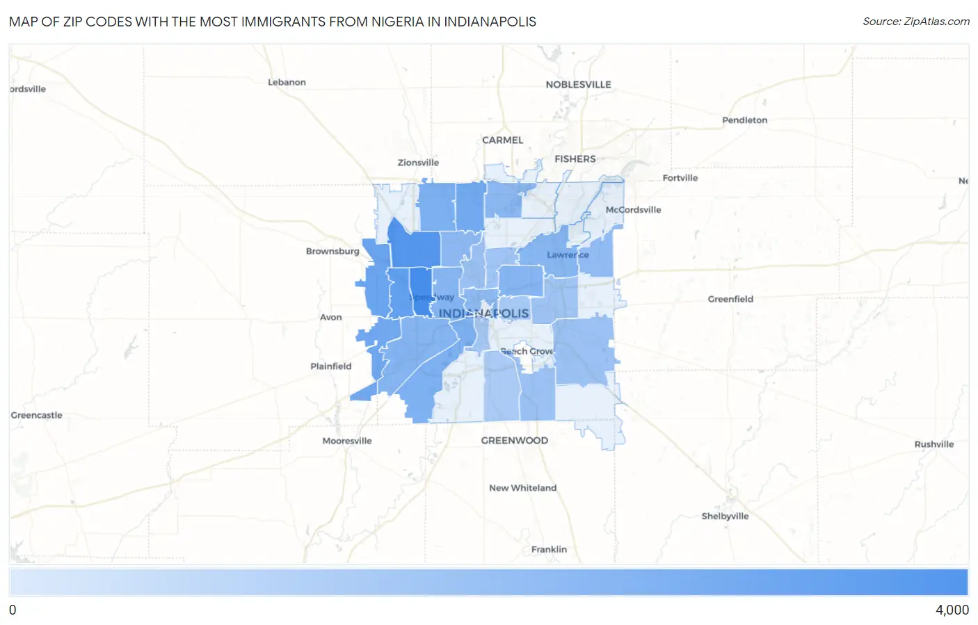 Zip Codes with the Most Immigrants from Nigeria in Indianapolis Map