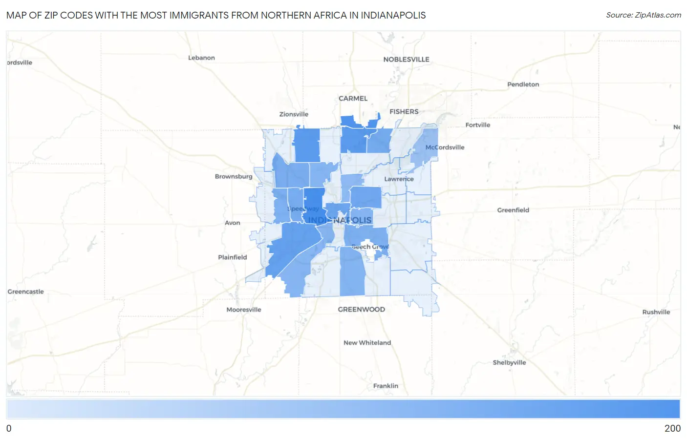 Zip Codes with the Most Immigrants from Northern Africa in Indianapolis Map