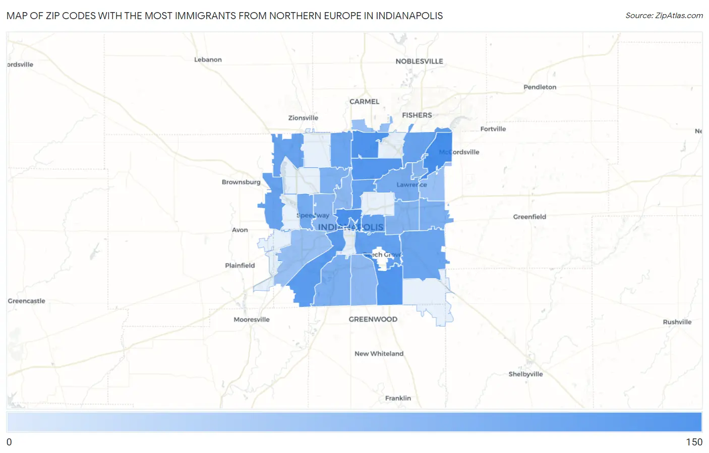 Zip Codes with the Most Immigrants from Northern Europe in Indianapolis Map