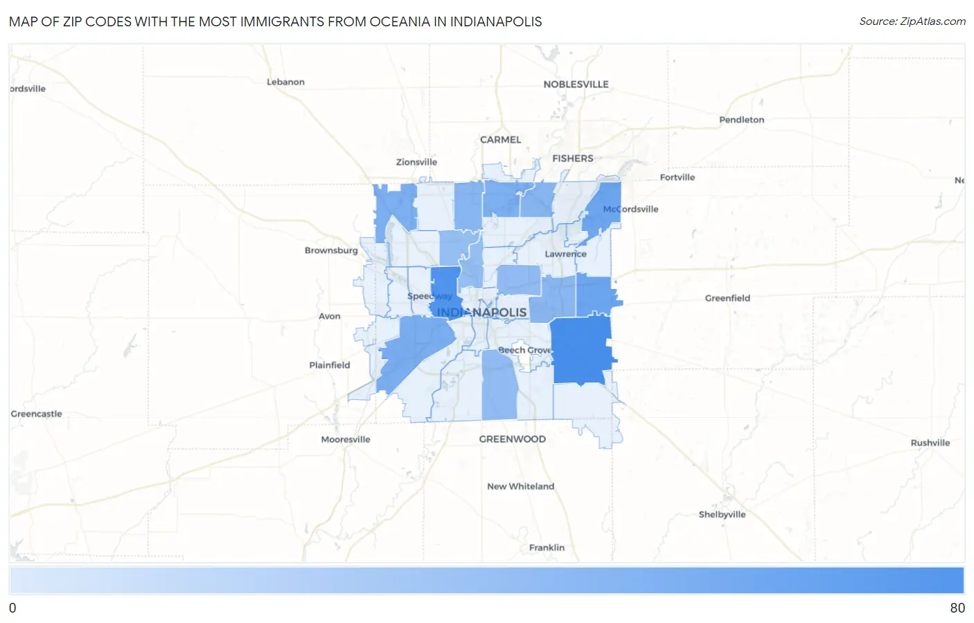 Zip Codes with the Most Immigrants from Oceania in Indianapolis Map