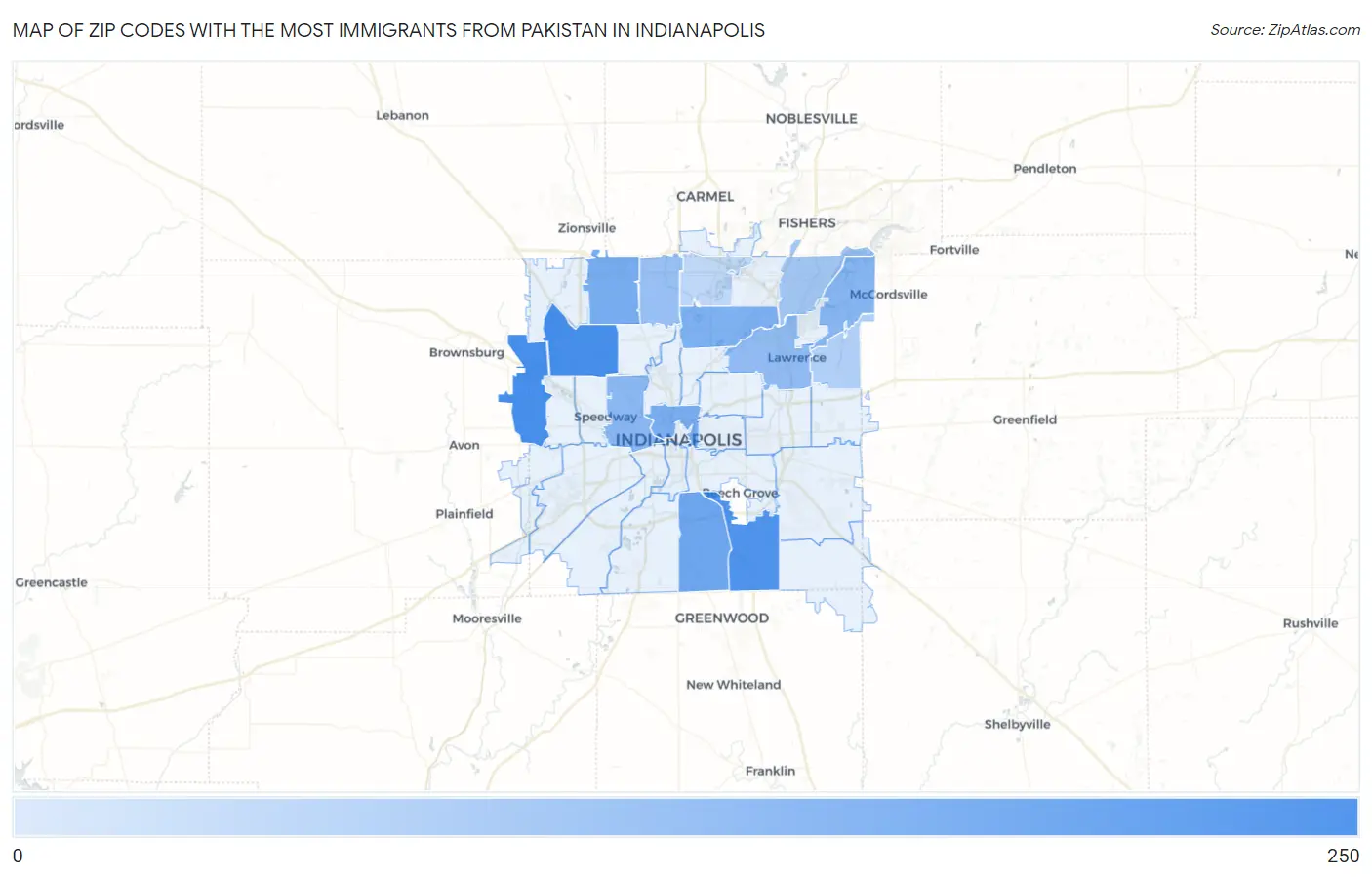 Zip Codes with the Most Immigrants from Pakistan in Indianapolis Map