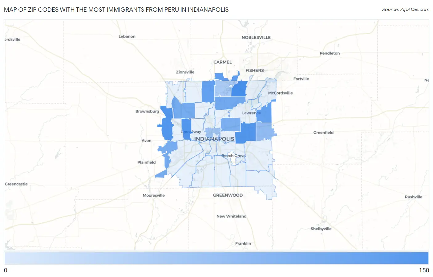 Zip Codes with the Most Immigrants from Peru in Indianapolis Map