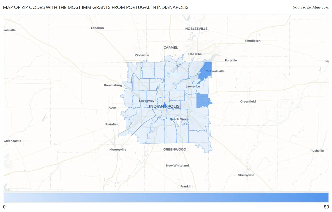 Zip Codes with the Most Immigrants from Portugal in Indianapolis Map