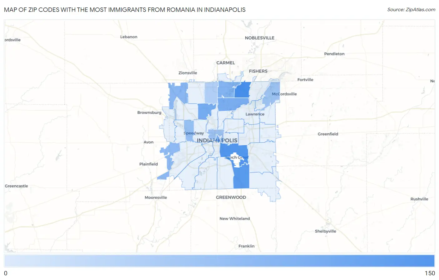 Zip Codes with the Most Immigrants from Romania in Indianapolis Map