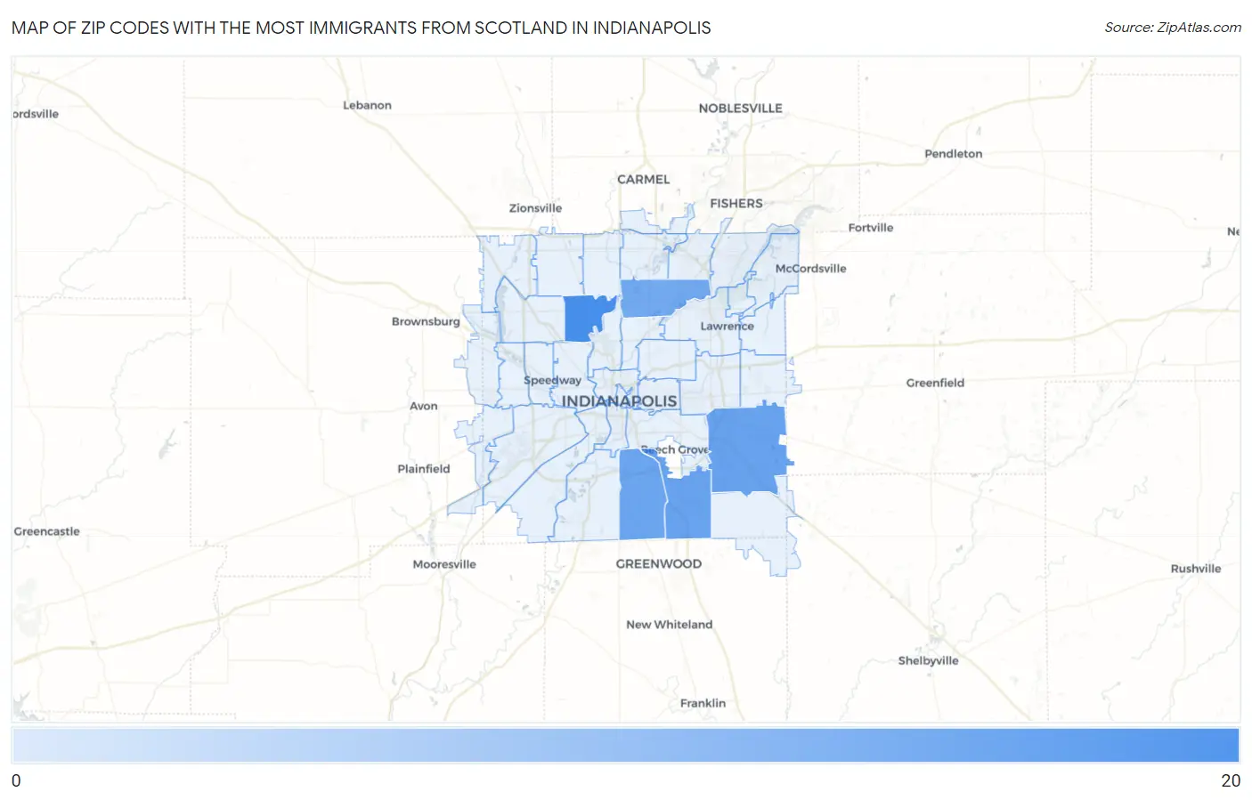 Zip Codes with the Most Immigrants from Scotland in Indianapolis Map