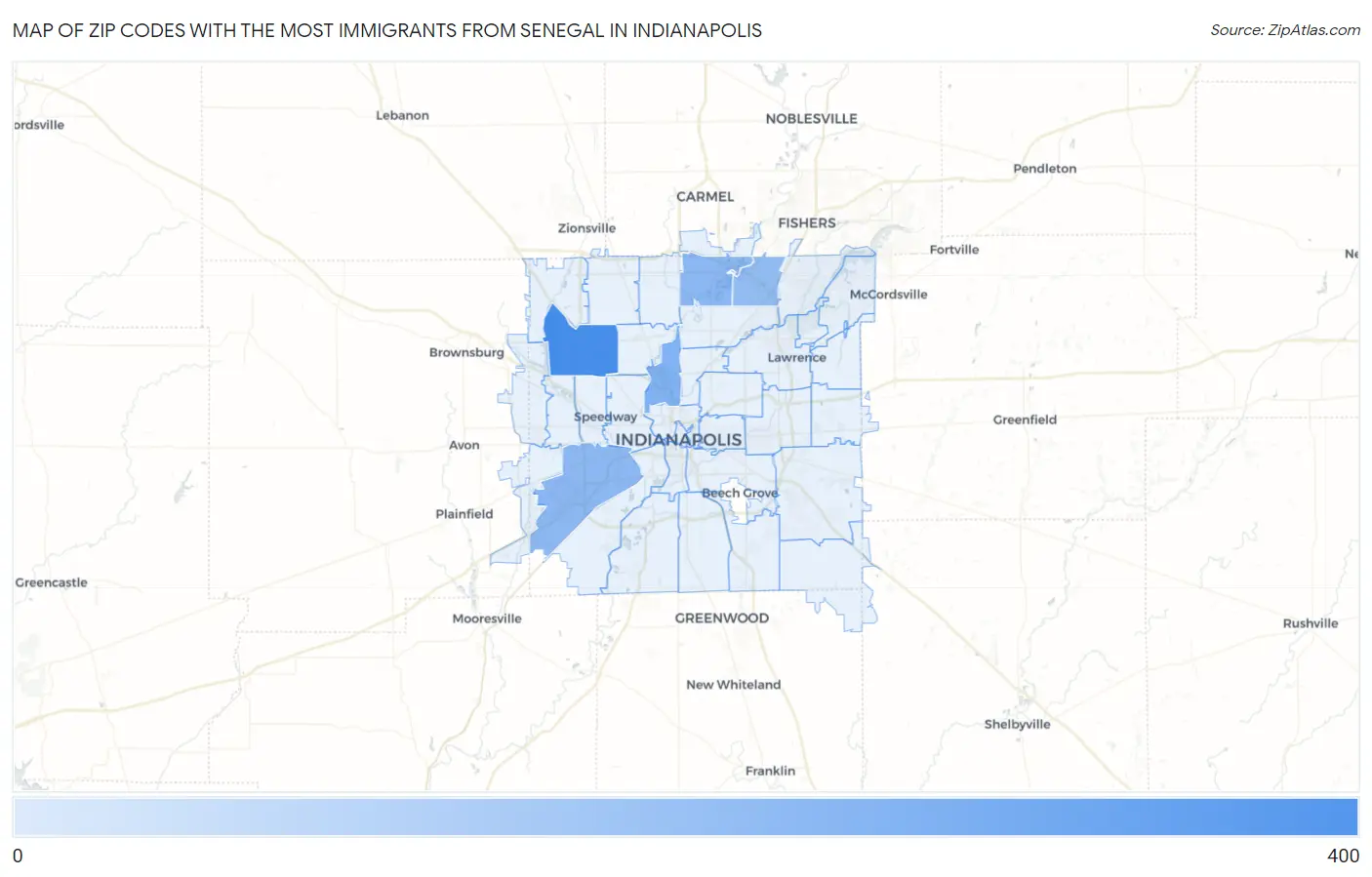 Zip Codes with the Most Immigrants from Senegal in Indianapolis Map