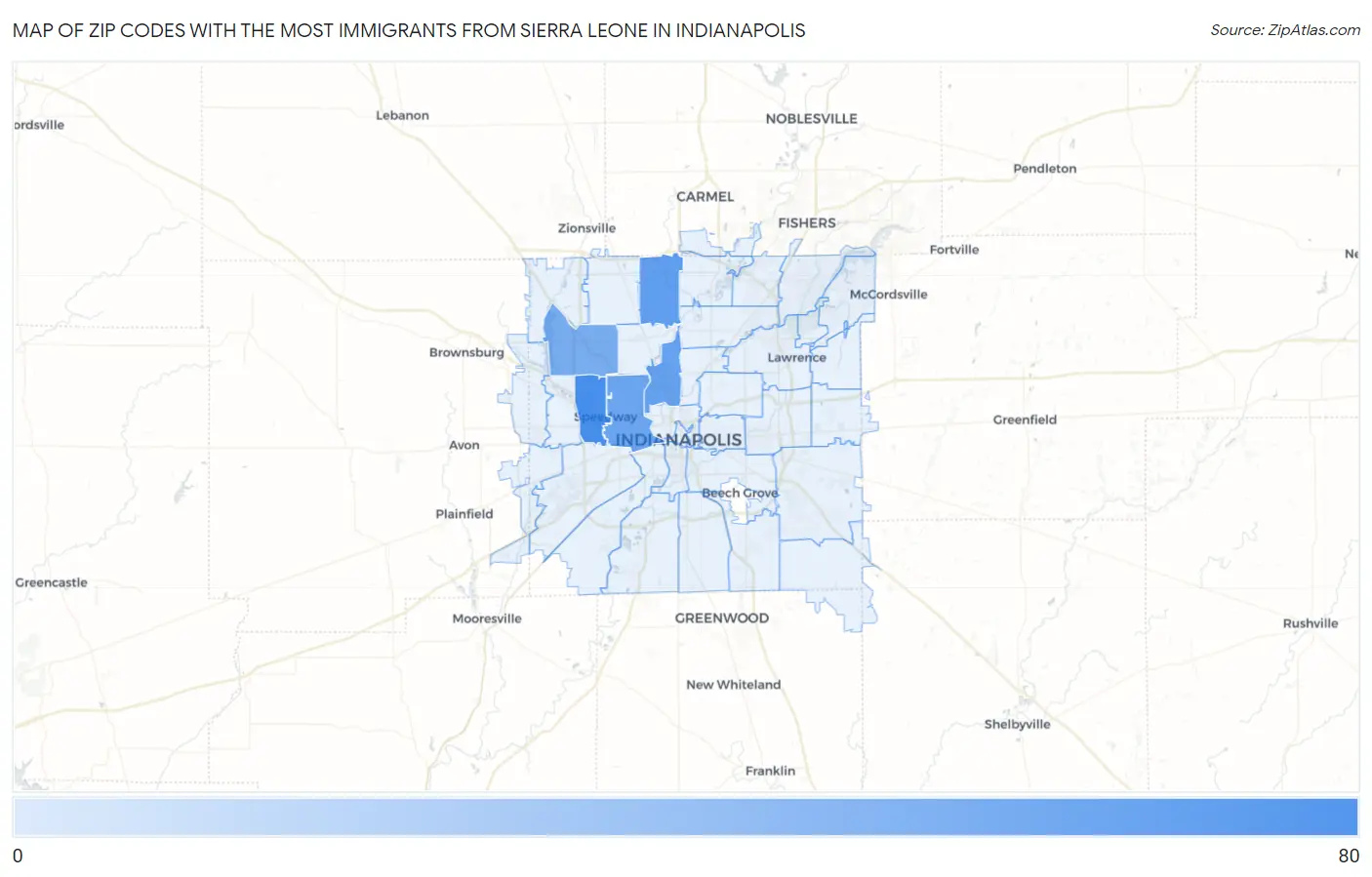 Zip Codes with the Most Immigrants from Sierra Leone in Indianapolis Map