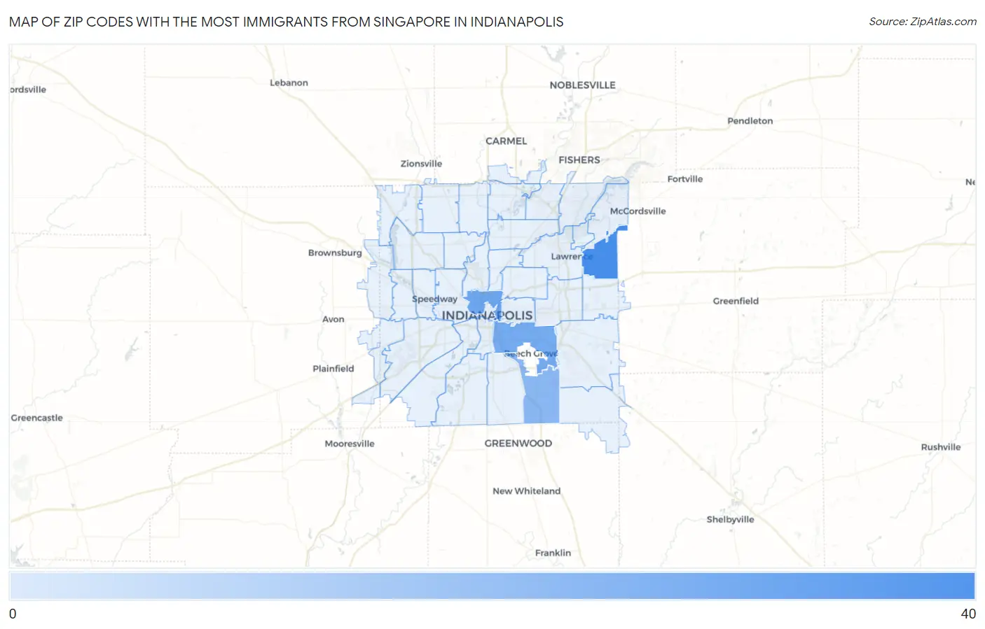 Zip Codes with the Most Immigrants from Singapore in Indianapolis Map