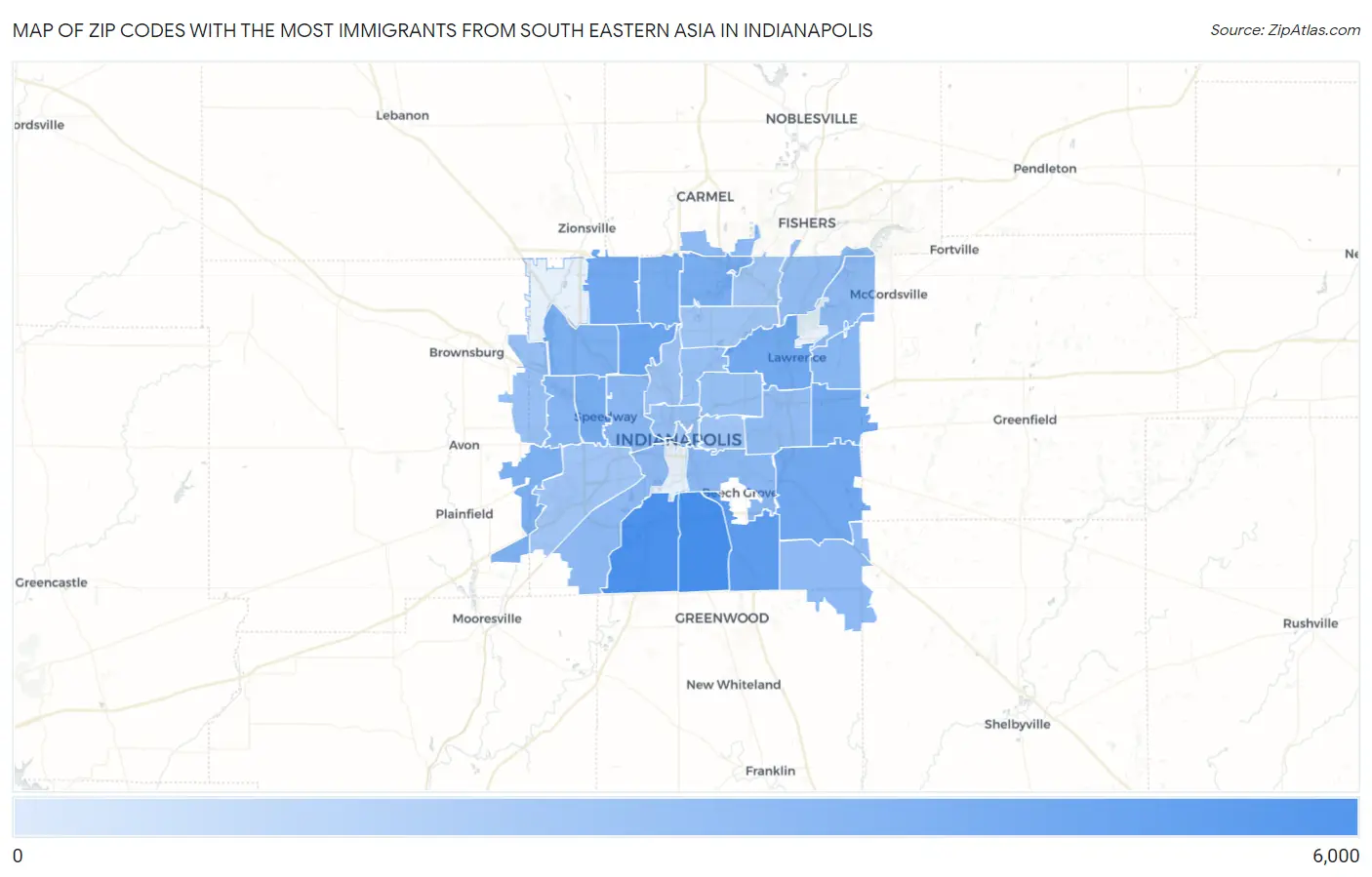 Zip Codes with the Most Immigrants from South Eastern Asia in Indianapolis Map
