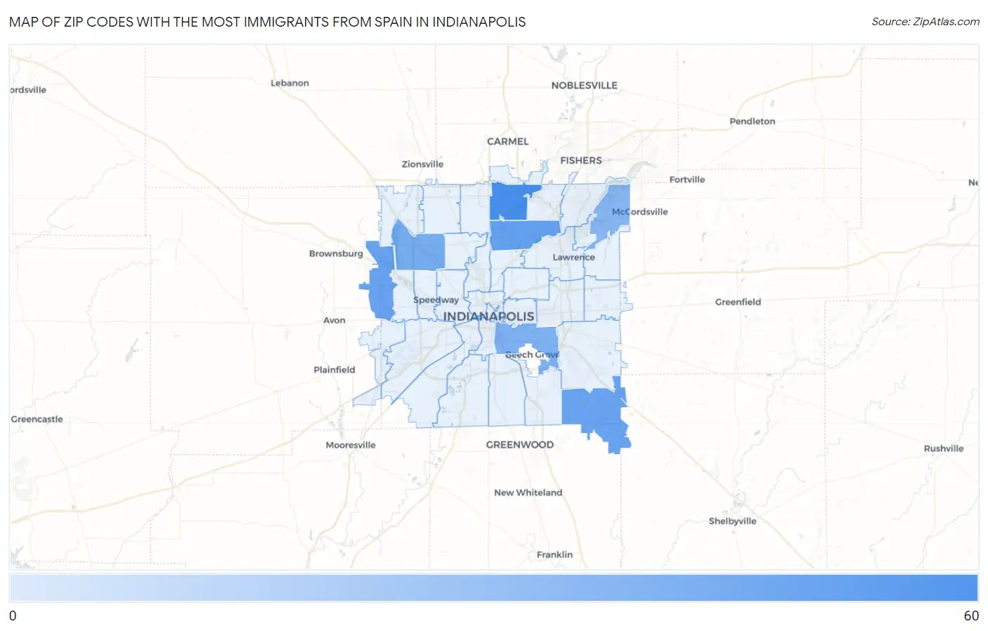 Zip Codes with the Most Immigrants from Spain in Indianapolis Map