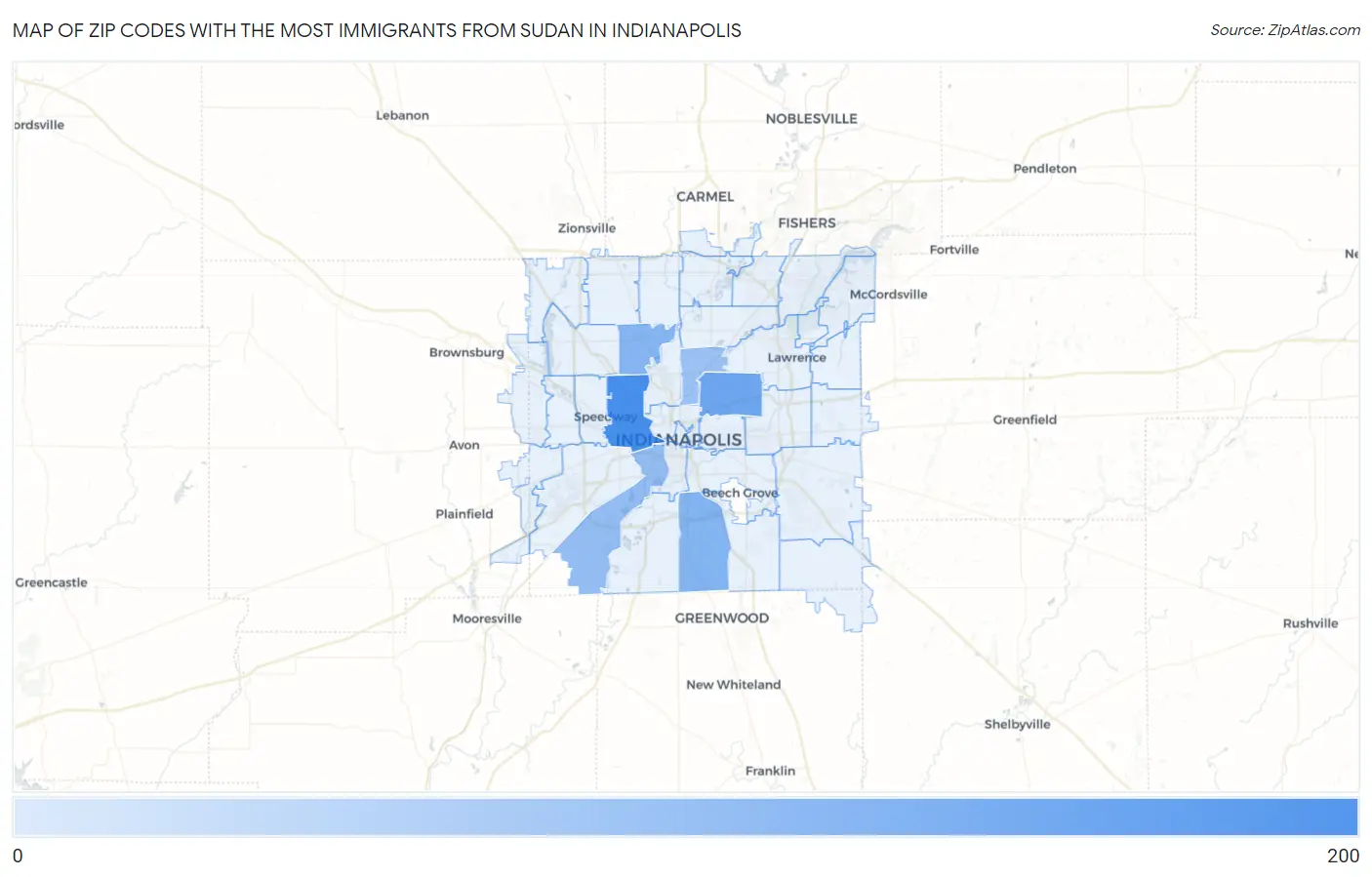 Zip Codes with the Most Immigrants from Sudan in Indianapolis Map