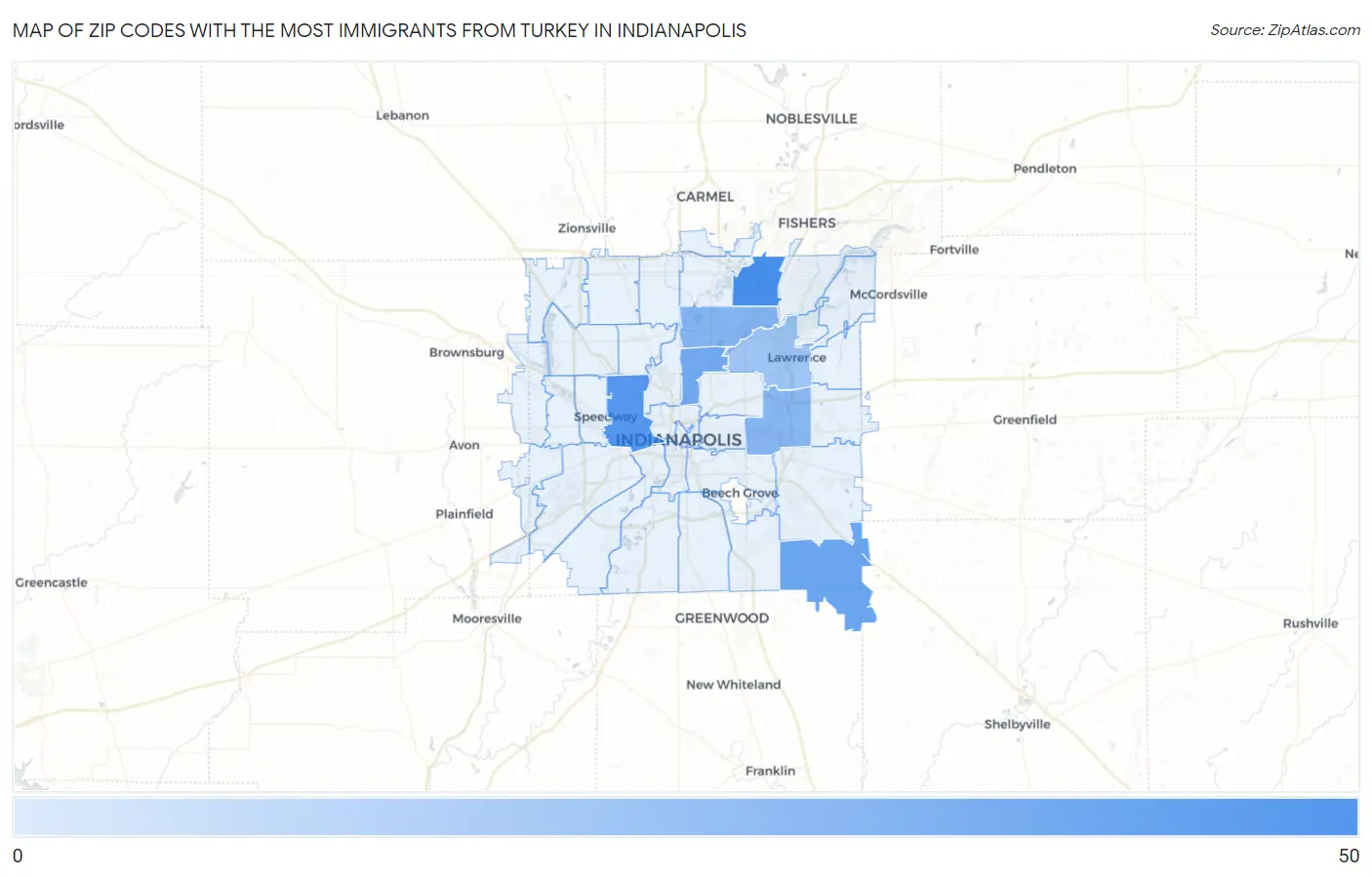 Zip Codes with the Most Immigrants from Turkey in Indianapolis Map