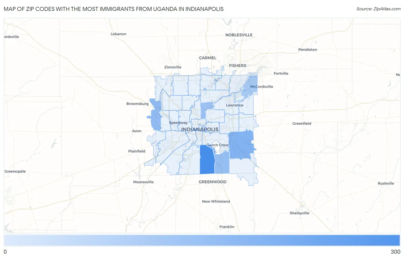 Zip Codes with the Most Immigrants from Uganda in Indianapolis Map