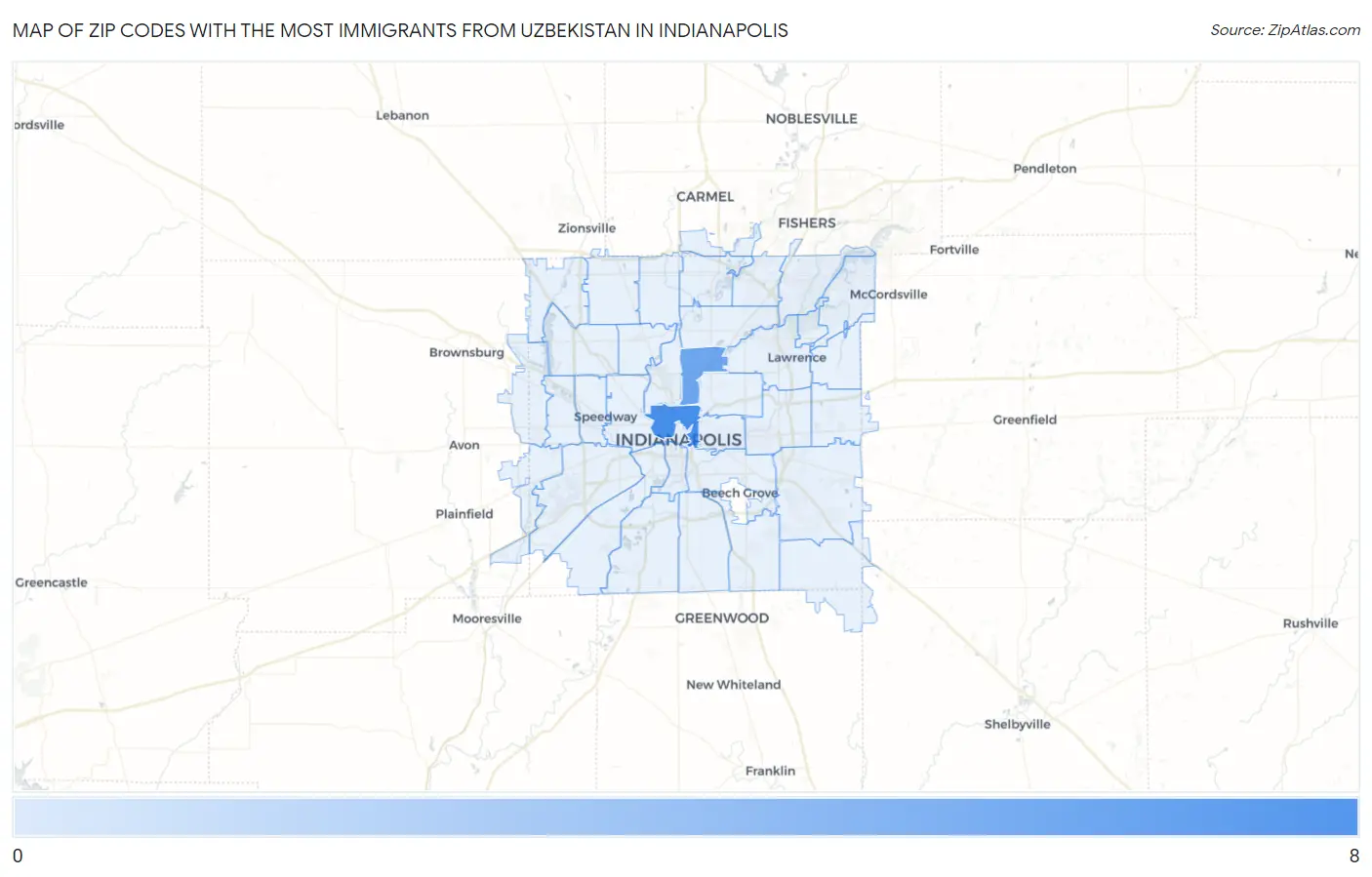 Zip Codes with the Most Immigrants from Uzbekistan in Indianapolis Map