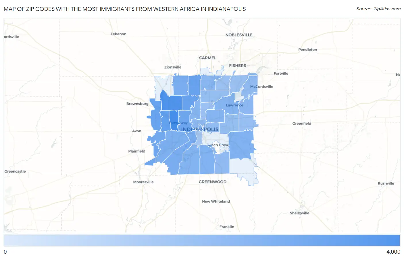 Zip Codes with the Most Immigrants from Western Africa in Indianapolis Map