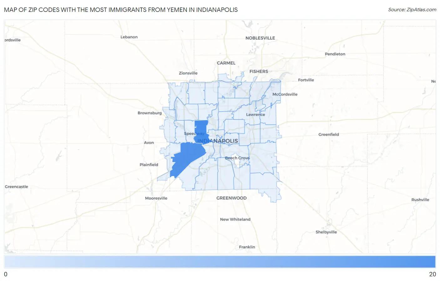 Zip Codes with the Most Immigrants from Yemen in Indianapolis Map
