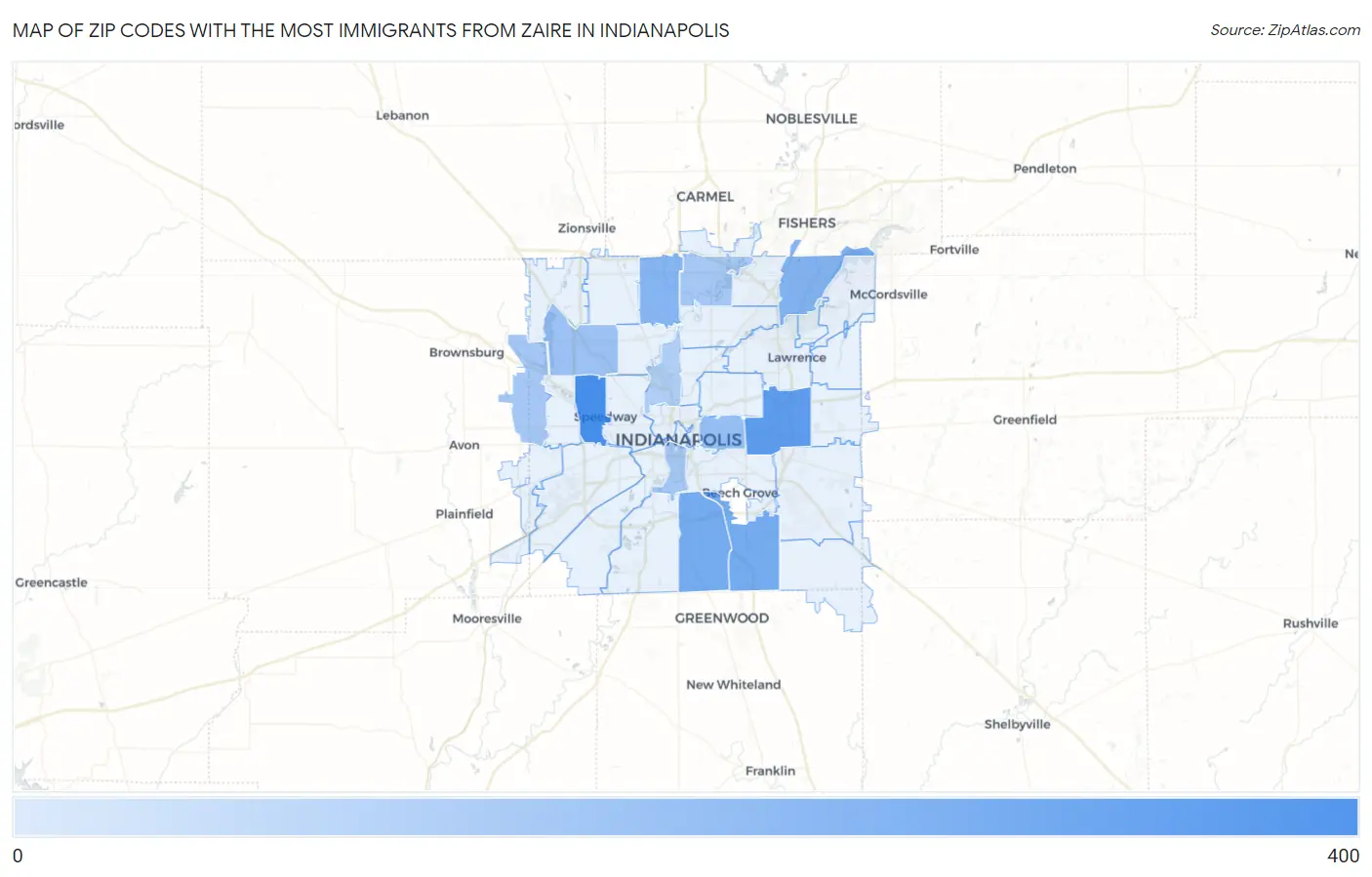 Zip Codes with the Most Immigrants from Zaire in Indianapolis Map