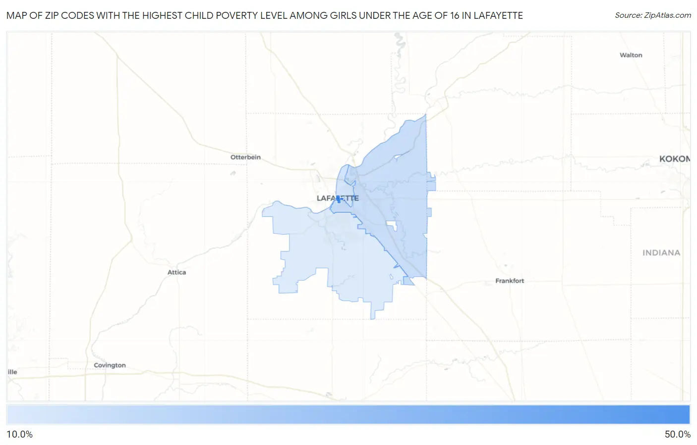 Zip Codes with the Highest Child Poverty Level Among Girls Under the Age of 16 in Lafayette Map