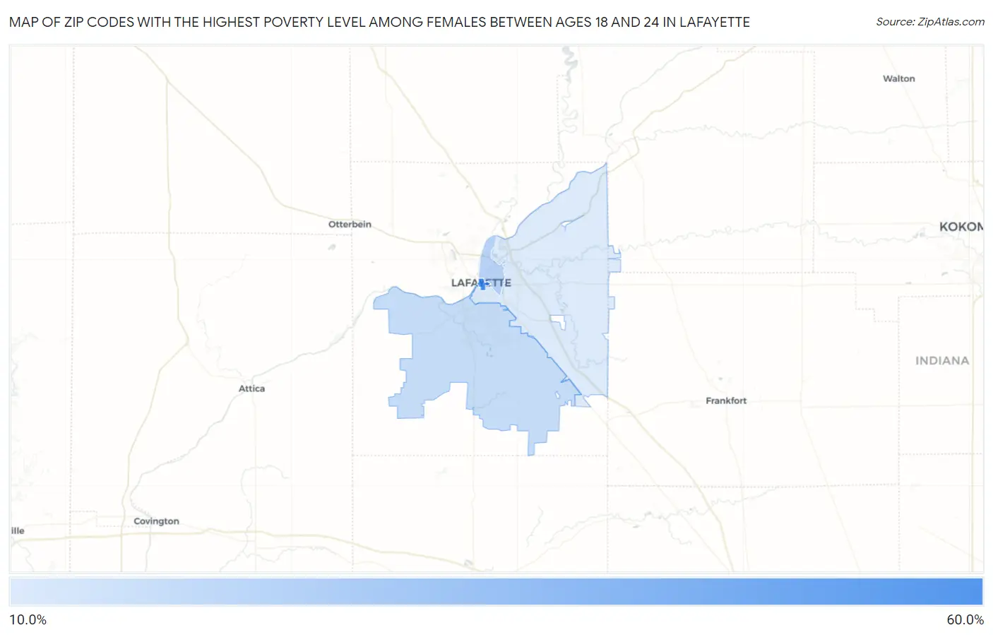 Zip Codes with the Highest Poverty Level Among Females Between Ages 18 and 24 in Lafayette Map