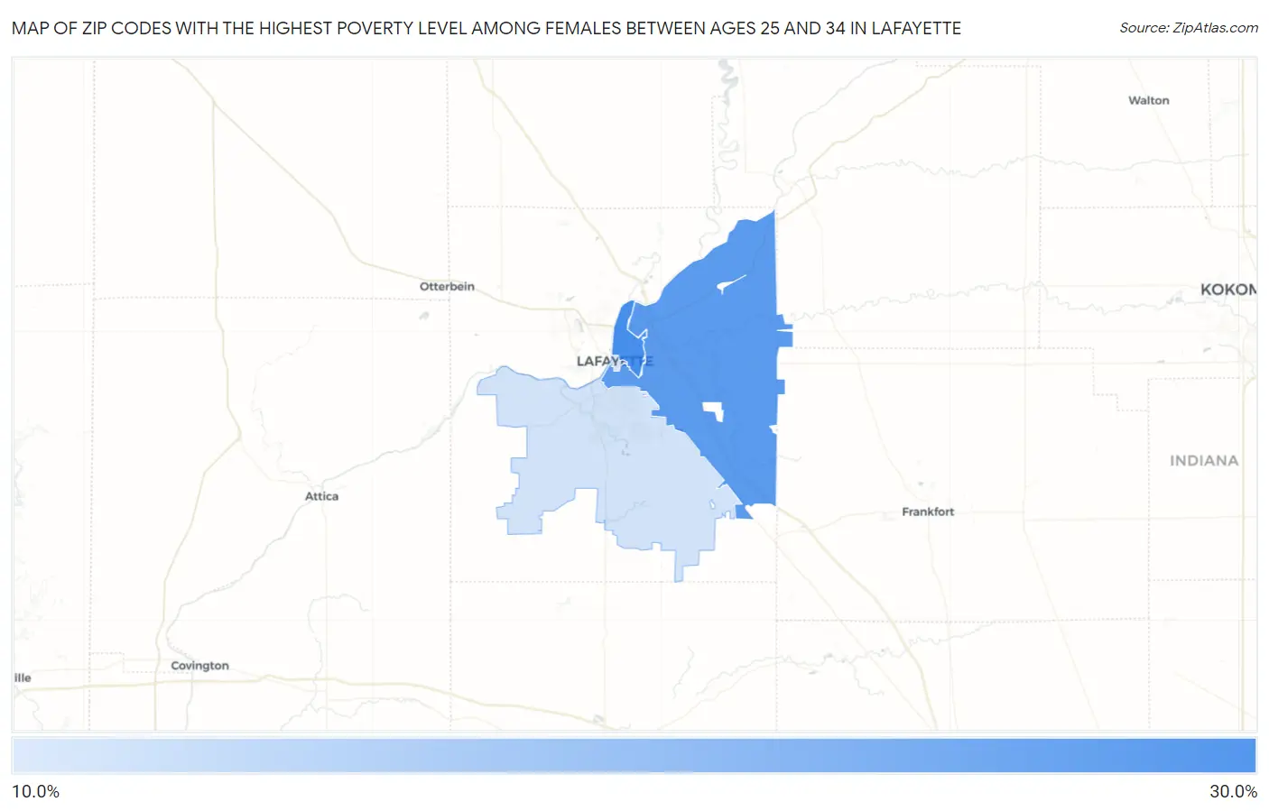 Zip Codes with the Highest Poverty Level Among Females Between Ages 25 and 34 in Lafayette Map