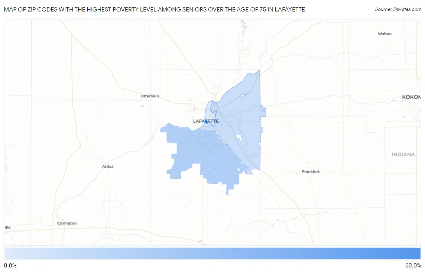 Zip Codes with the Highest Poverty Level Among Seniors Over the Age of 75 in Lafayette Map