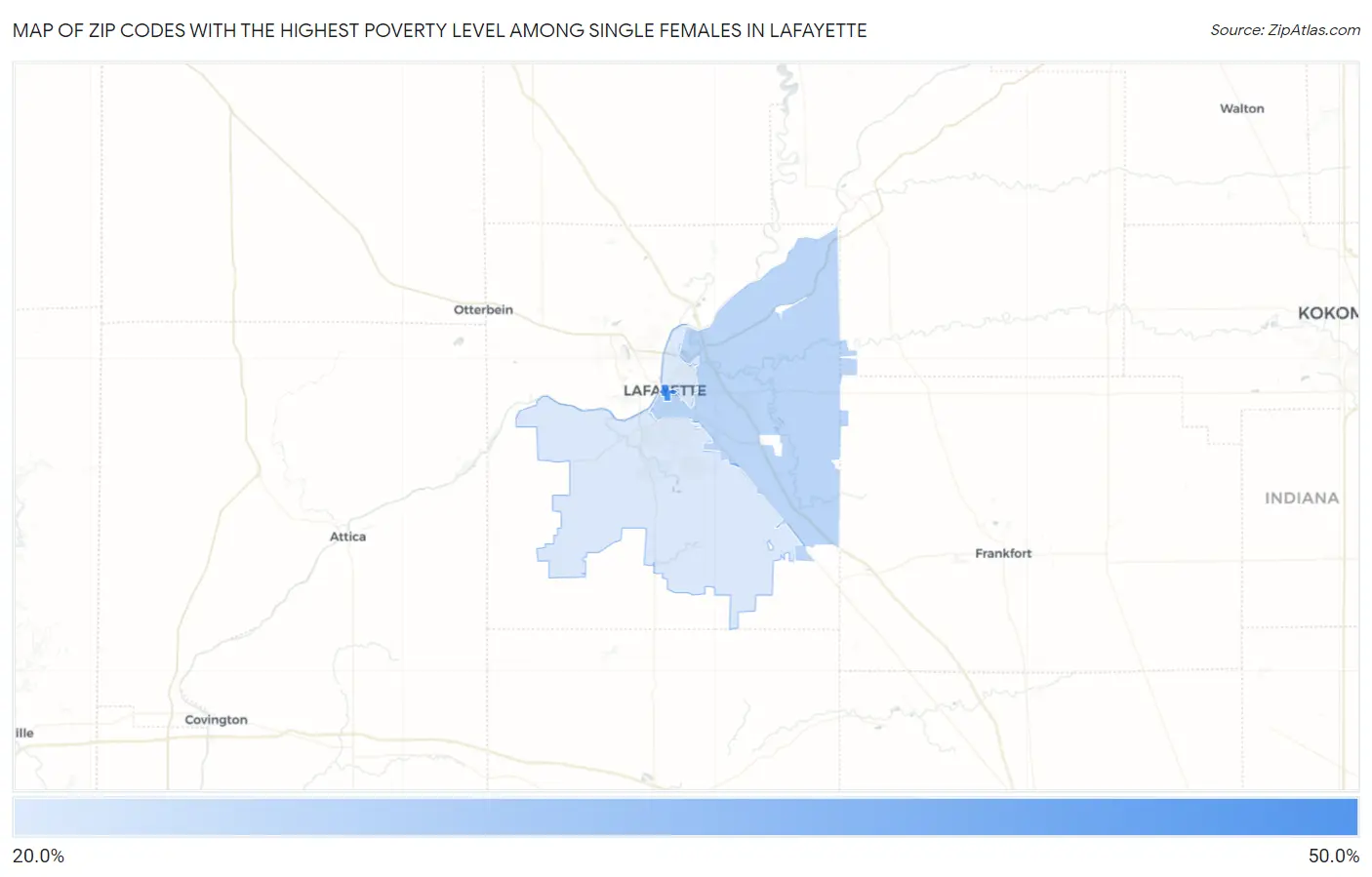Zip Codes with the Highest Poverty Level Among Single Females in Lafayette Map