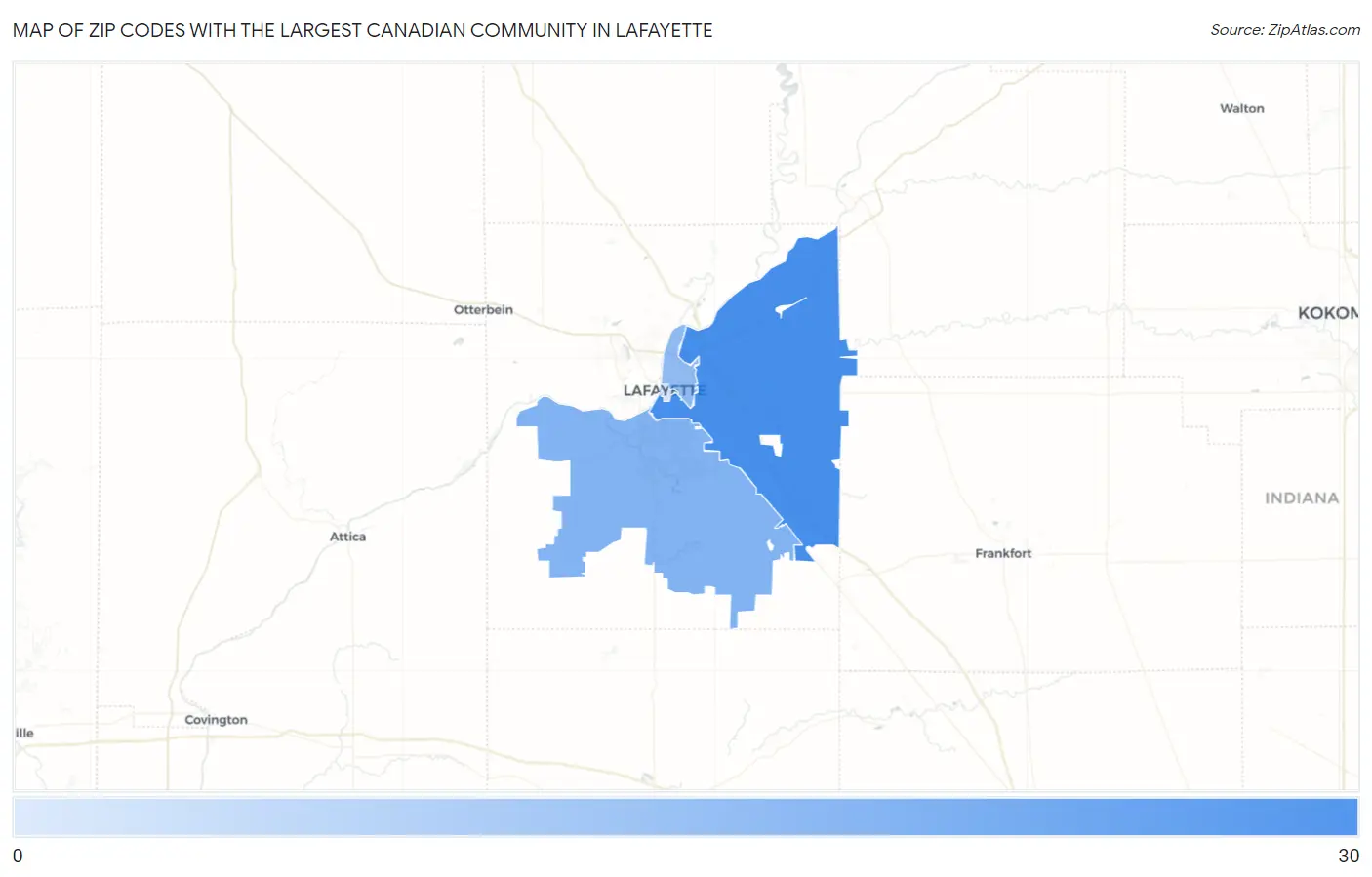 Zip Codes with the Largest Canadian Community in Lafayette Map