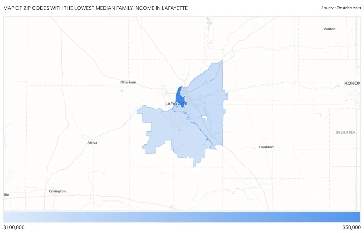 Zip Codes with the Lowest Median Family Income in Lafayette Map