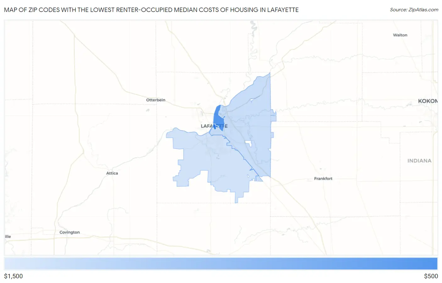 Zip Codes with the Lowest Renter-Occupied Median Costs of Housing in Lafayette Map