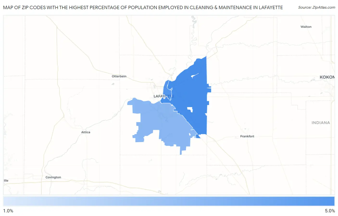 Zip Codes with the Highest Percentage of Population Employed in Cleaning & Maintenance in Lafayette Map