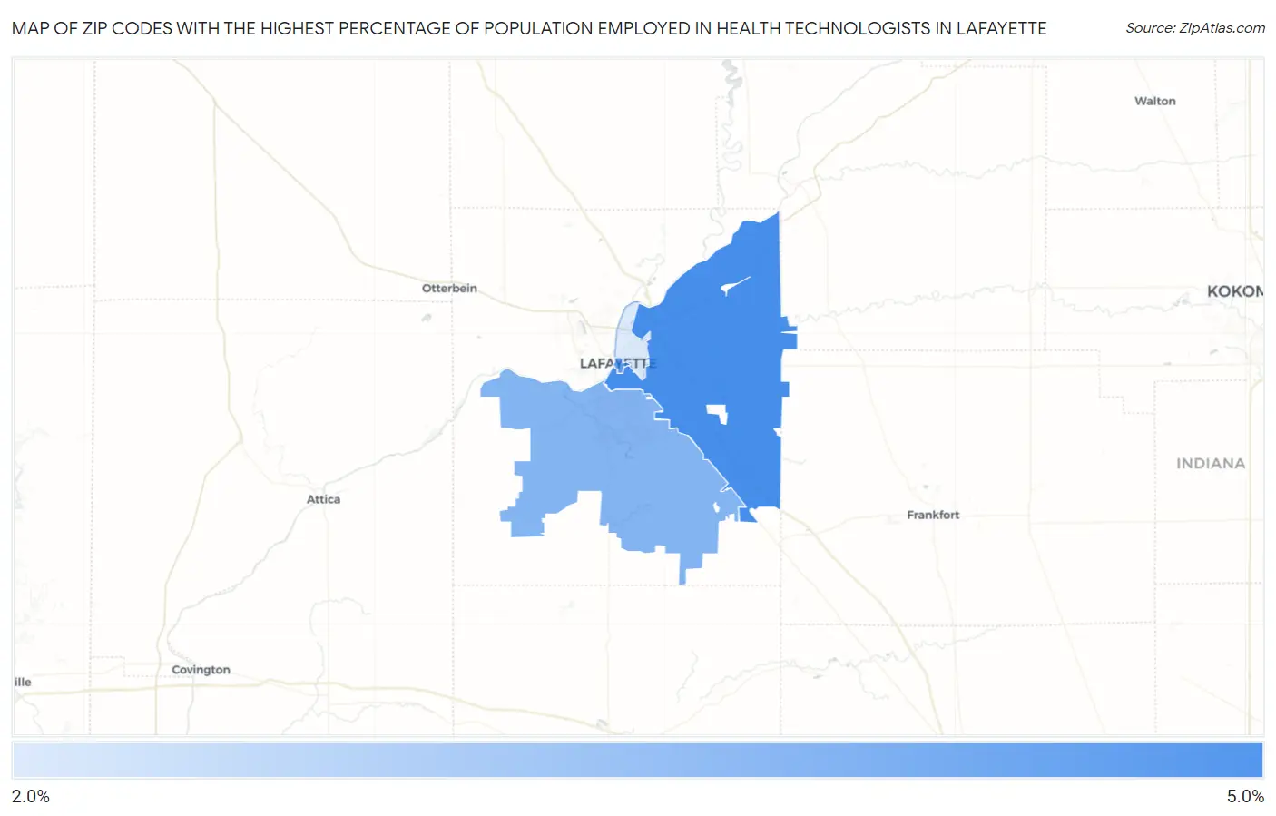 Zip Codes with the Highest Percentage of Population Employed in Health Technologists in Lafayette Map