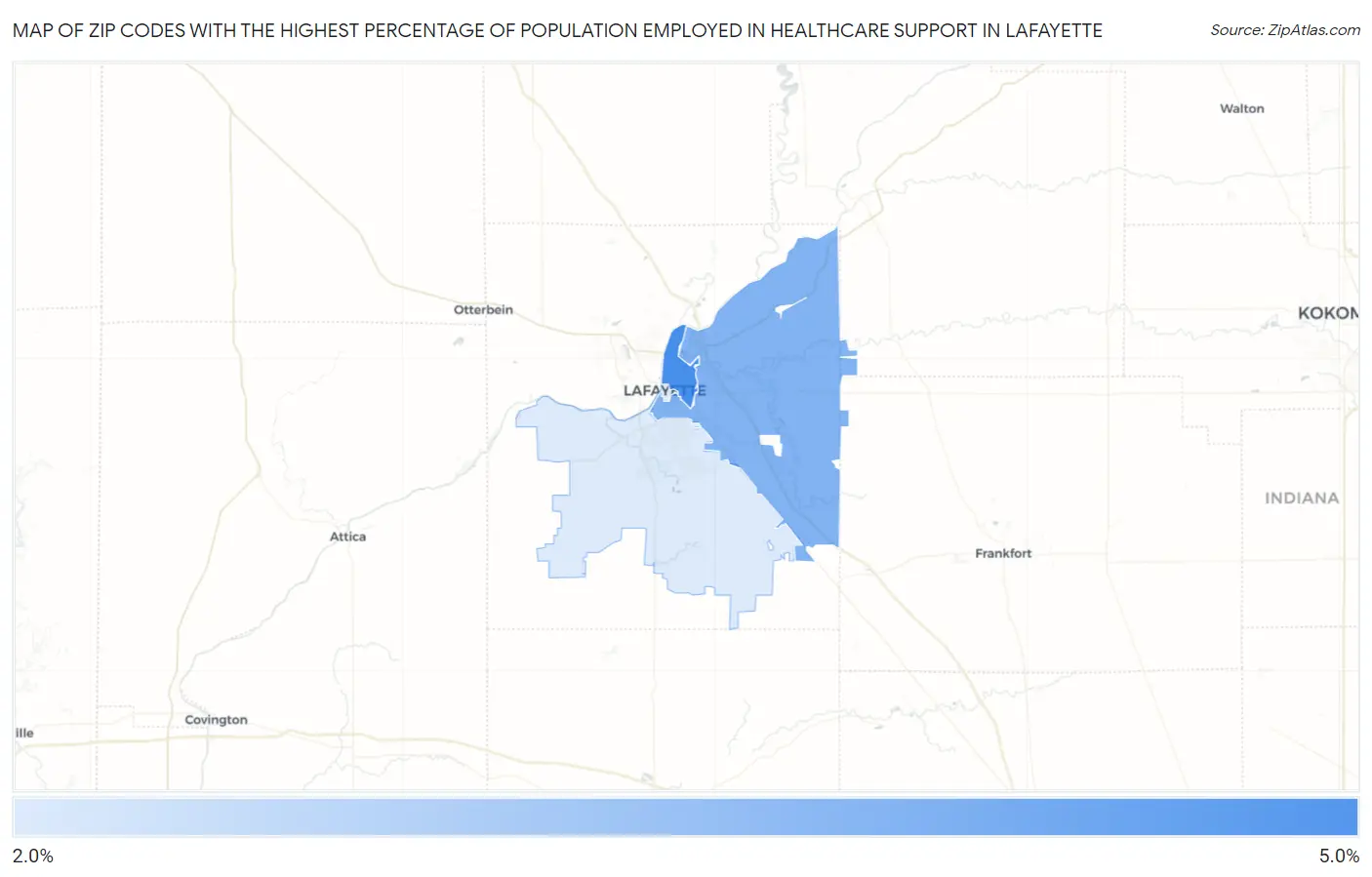Zip Codes with the Highest Percentage of Population Employed in Healthcare Support in Lafayette Map