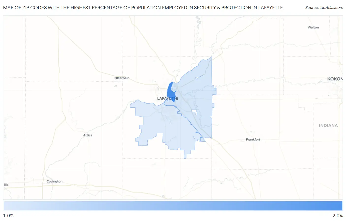Zip Codes with the Highest Percentage of Population Employed in Security & Protection in Lafayette Map