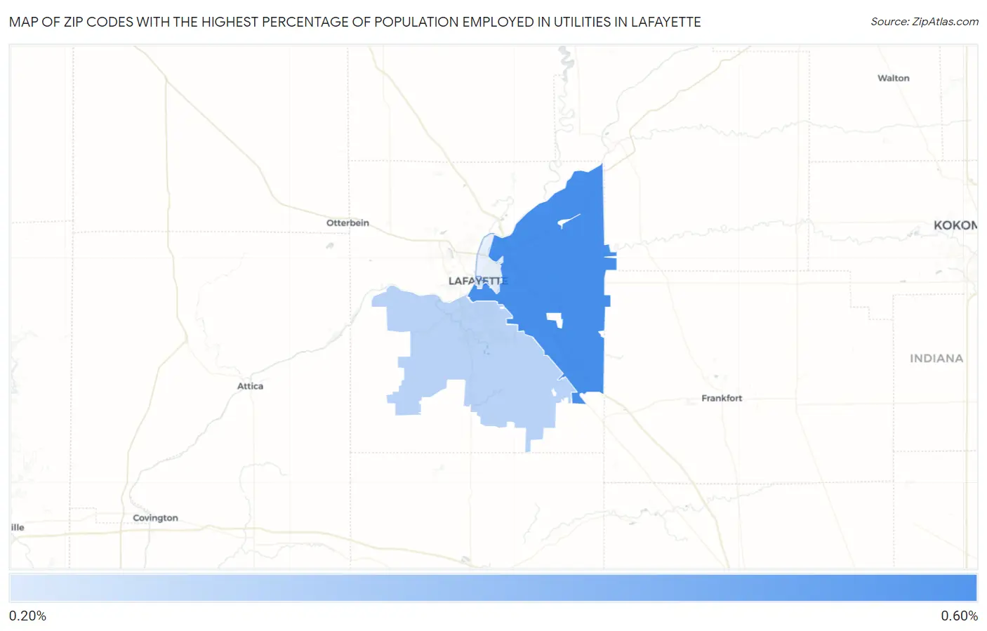 Zip Codes with the Highest Percentage of Population Employed in Utilities in Lafayette Map