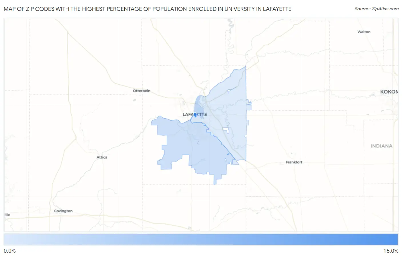 Zip Codes with the Highest Percentage of Population Enrolled in University in Lafayette Map