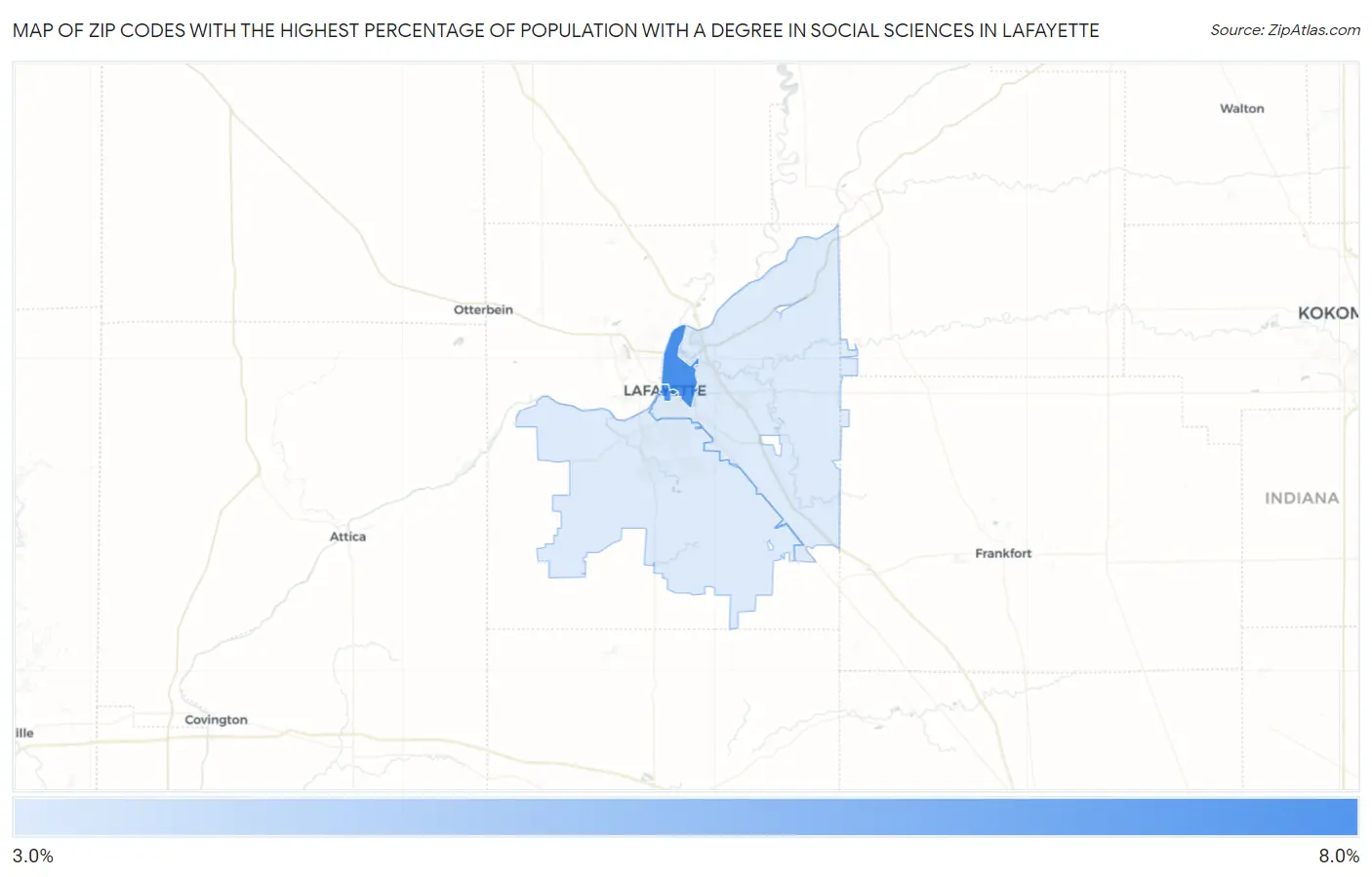 Zip Codes with the Highest Percentage of Population with a Degree in Social Sciences in Lafayette Map