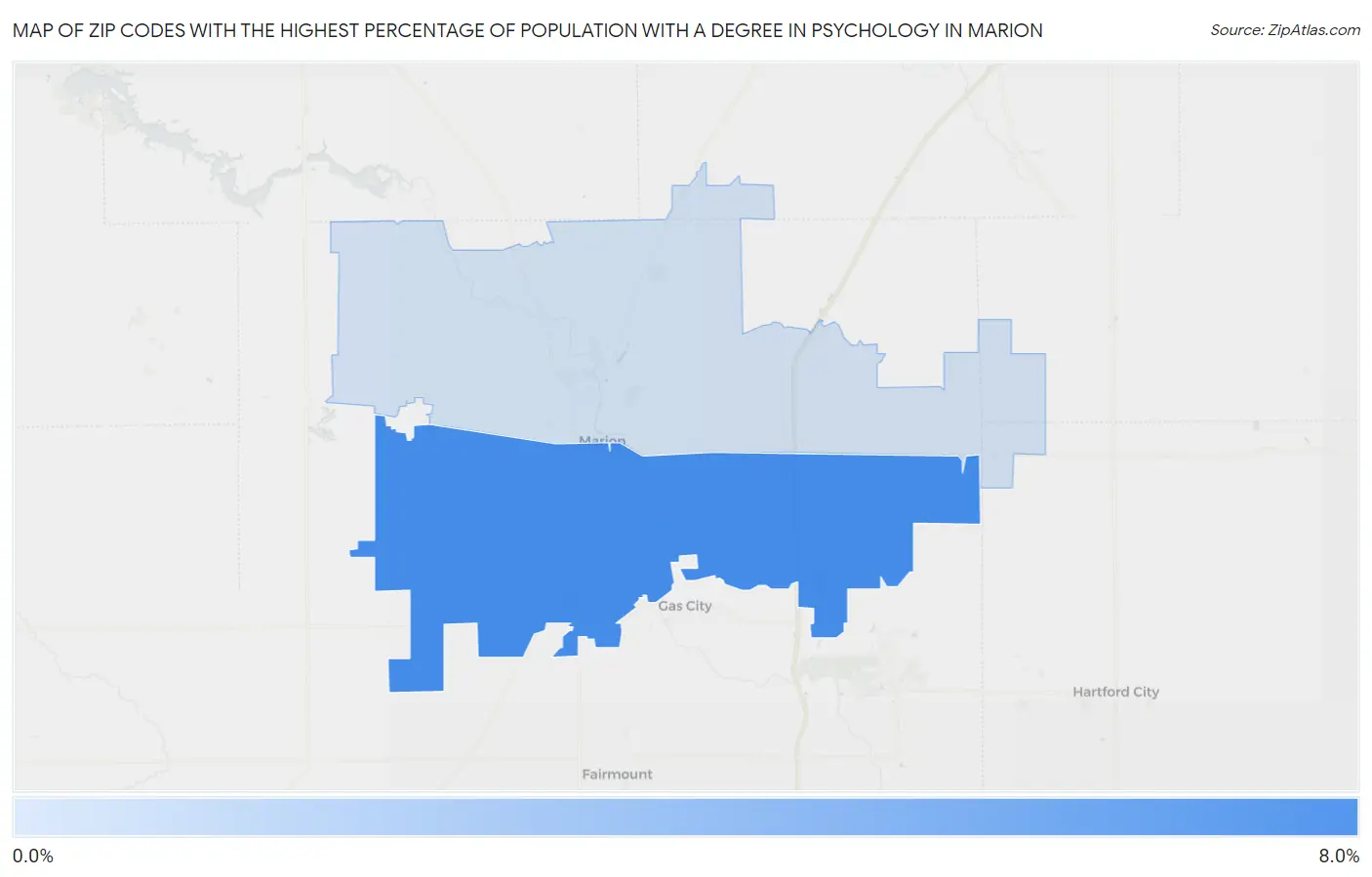 Zip Codes with the Highest Percentage of Population with a Degree in Psychology in Marion Map