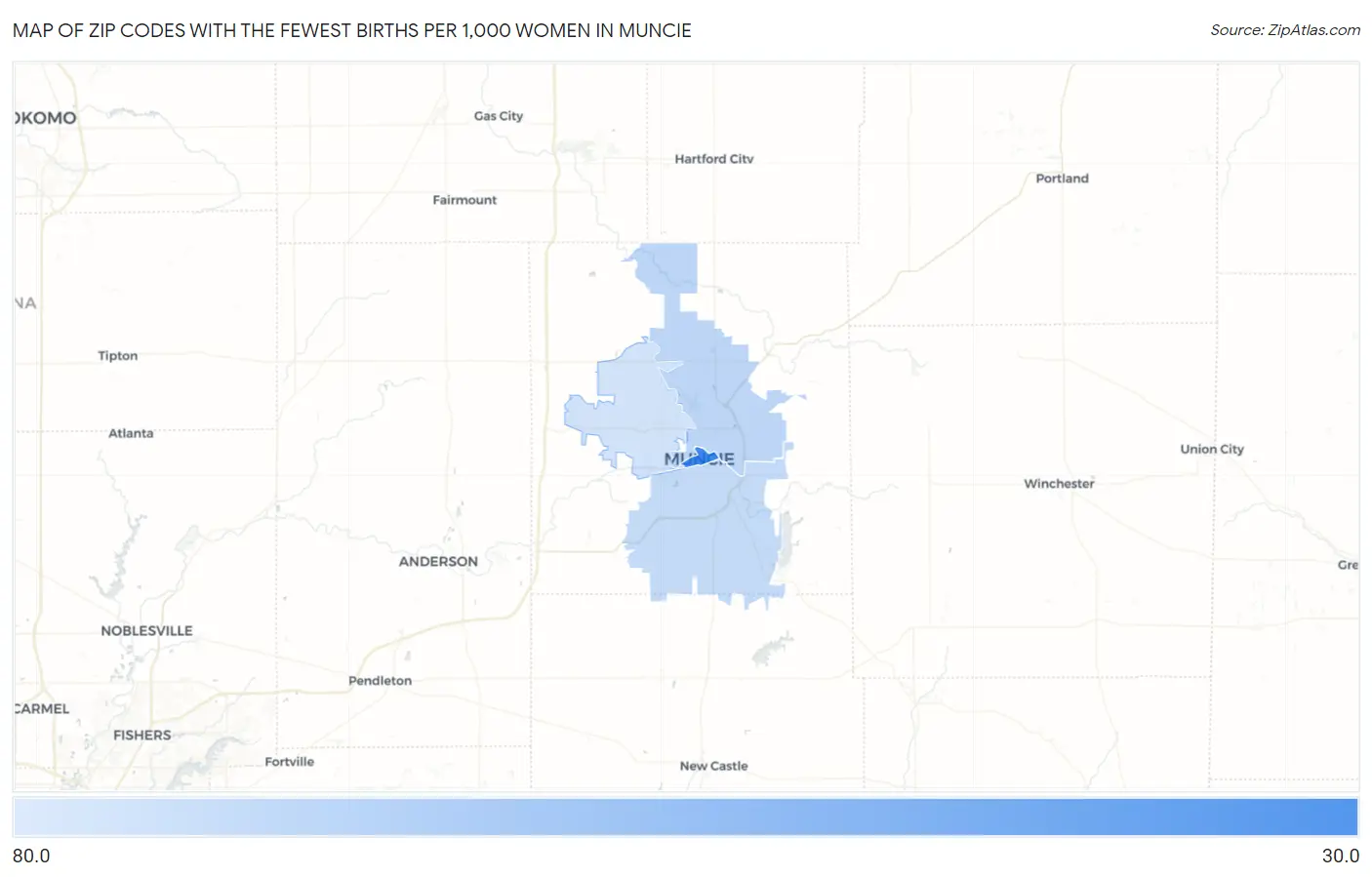 Zip Codes with the Fewest Births per 1,000 Women in Muncie Map