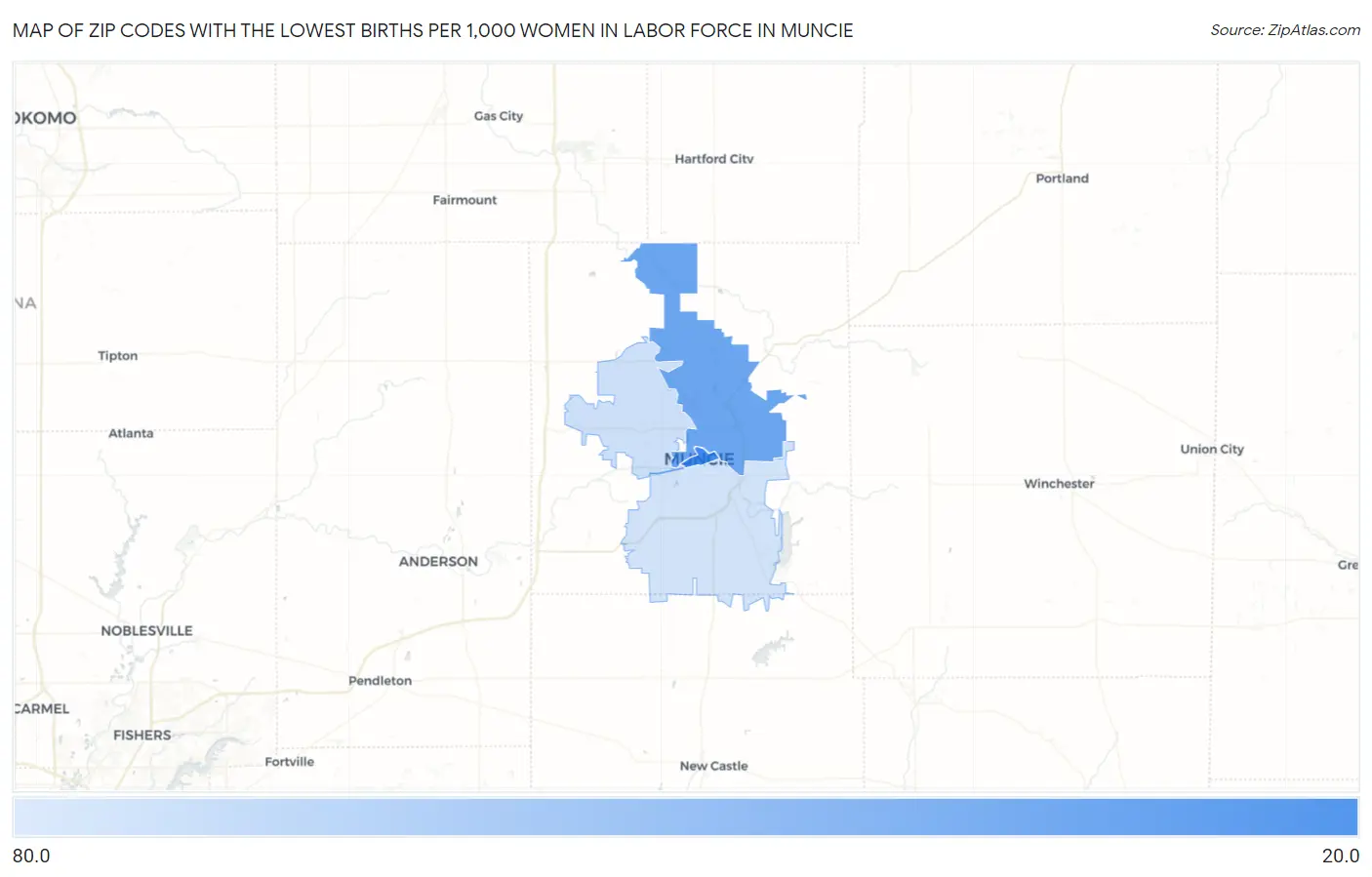 Zip Codes with the Lowest Births per 1,000 Women in Labor Force in Muncie Map