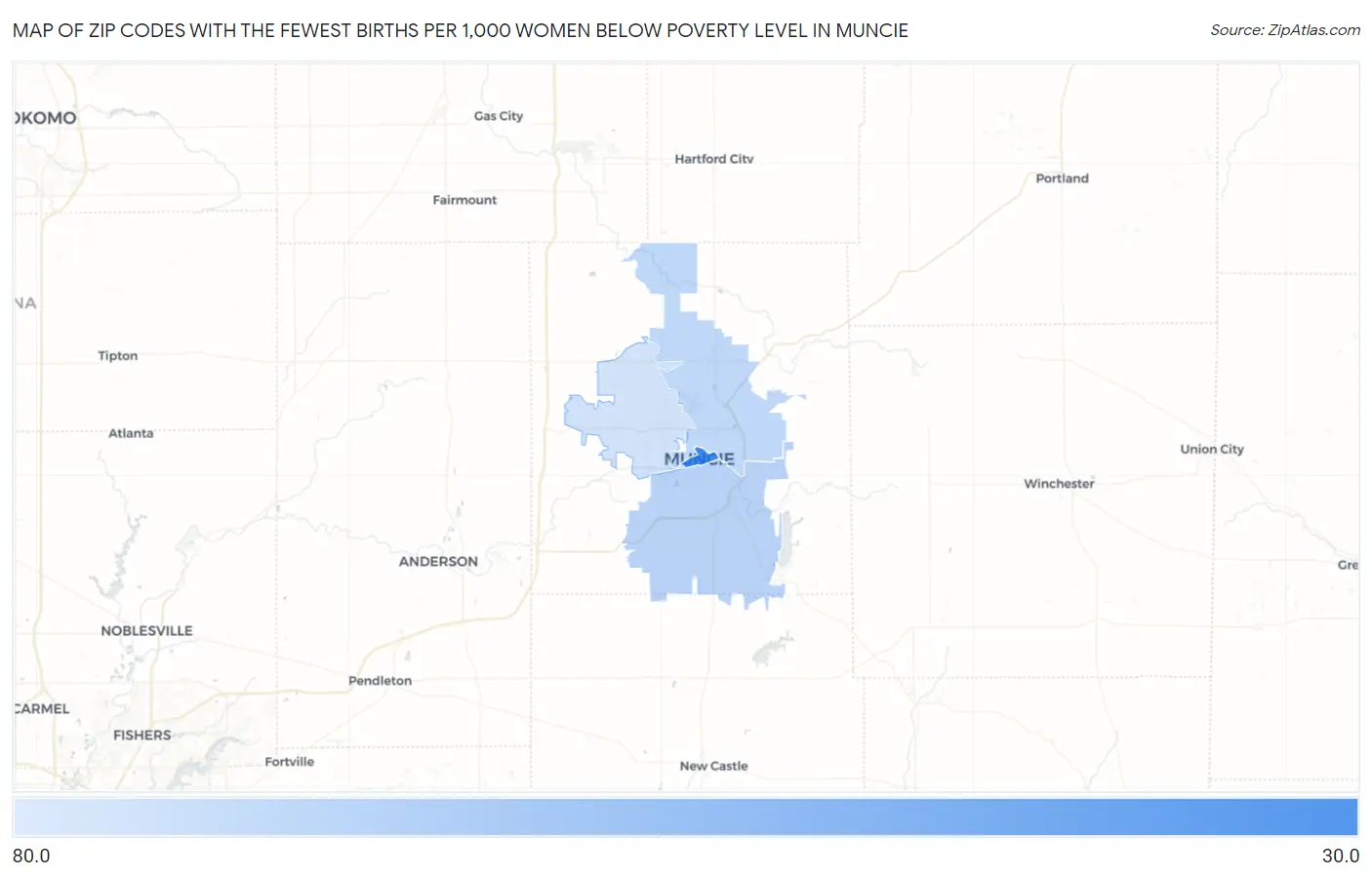 Zip Codes with the Fewest Births per 1,000 Women Below Poverty Level in Muncie Map