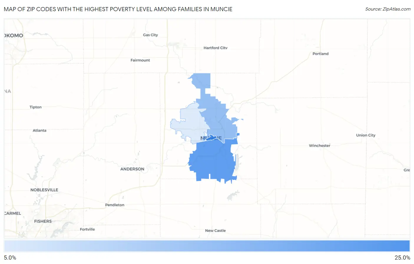 Zip Codes with the Highest Poverty Level Among Families in Muncie Map