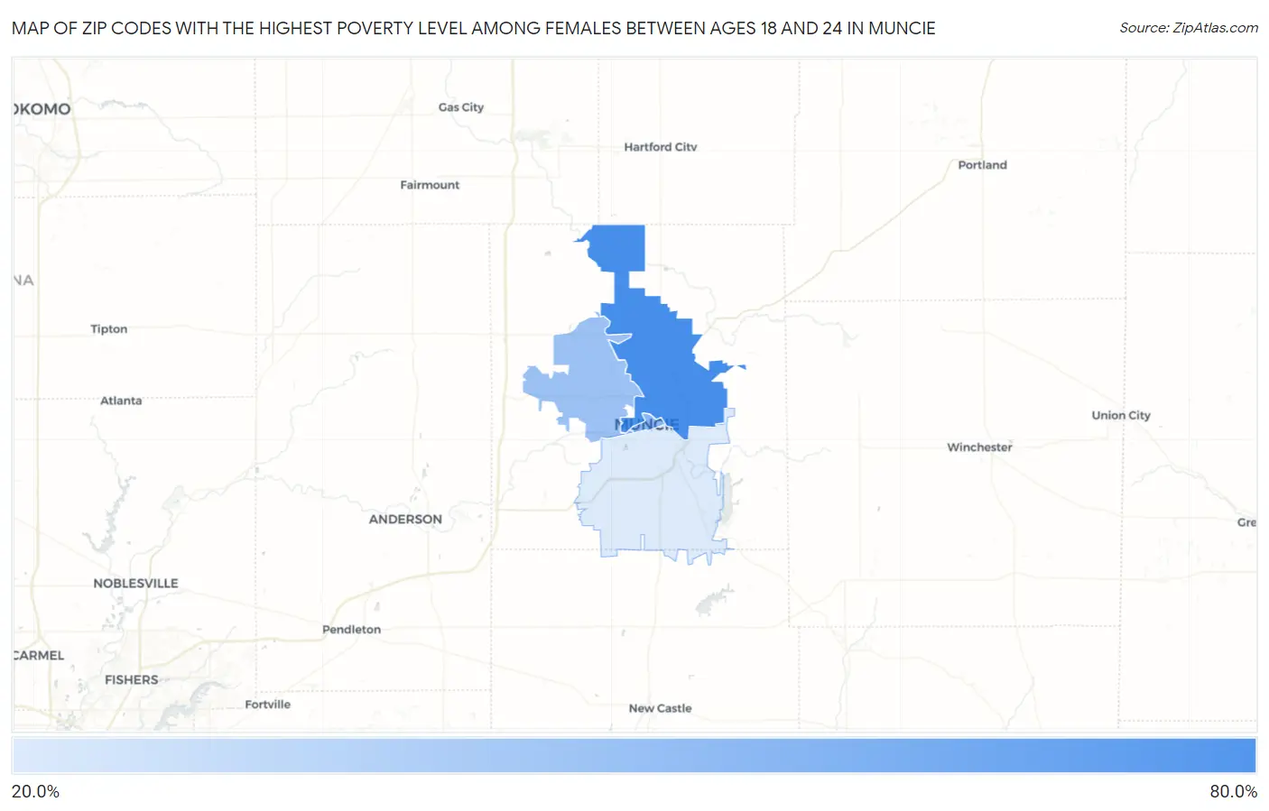 Zip Codes with the Highest Poverty Level Among Females Between Ages 18 and 24 in Muncie Map