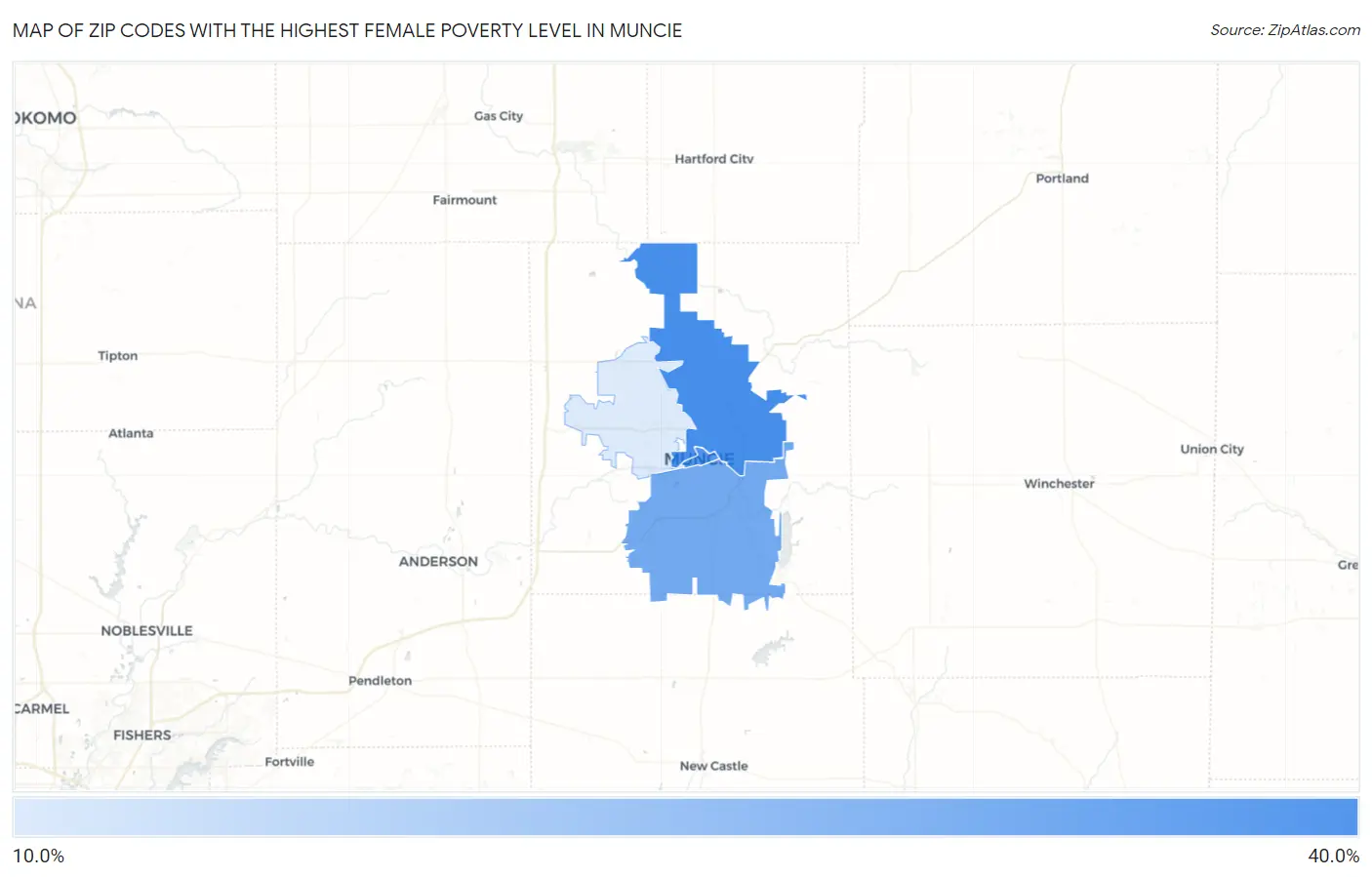 Zip Codes with the Highest Female Poverty Level in Muncie Map
