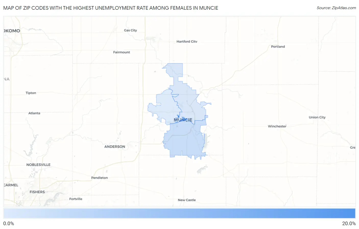 Zip Codes with the Highest Unemployment Rate Among Females in Muncie Map