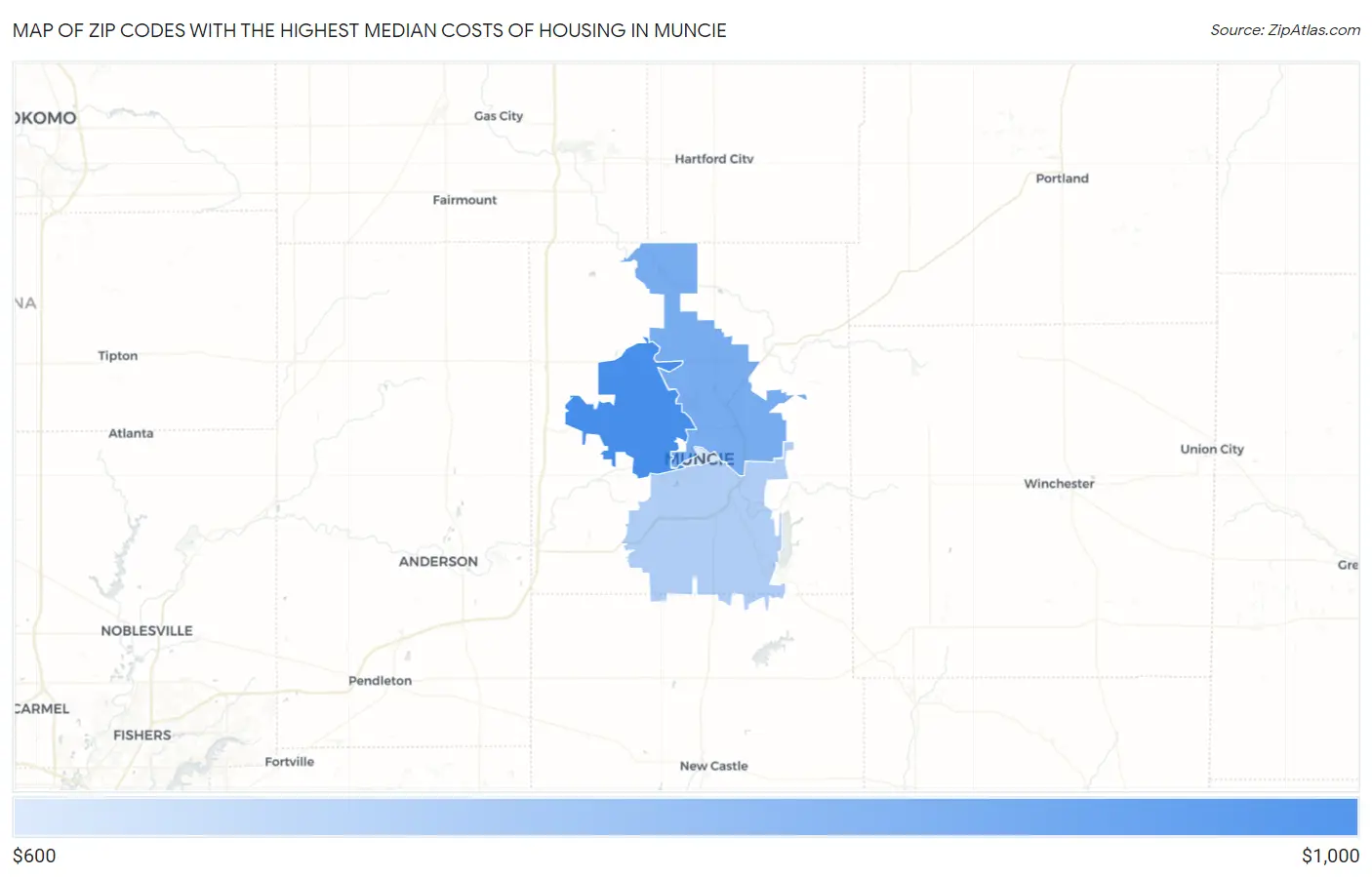 Zip Codes with the Highest Median Costs of Housing in Muncie Map
