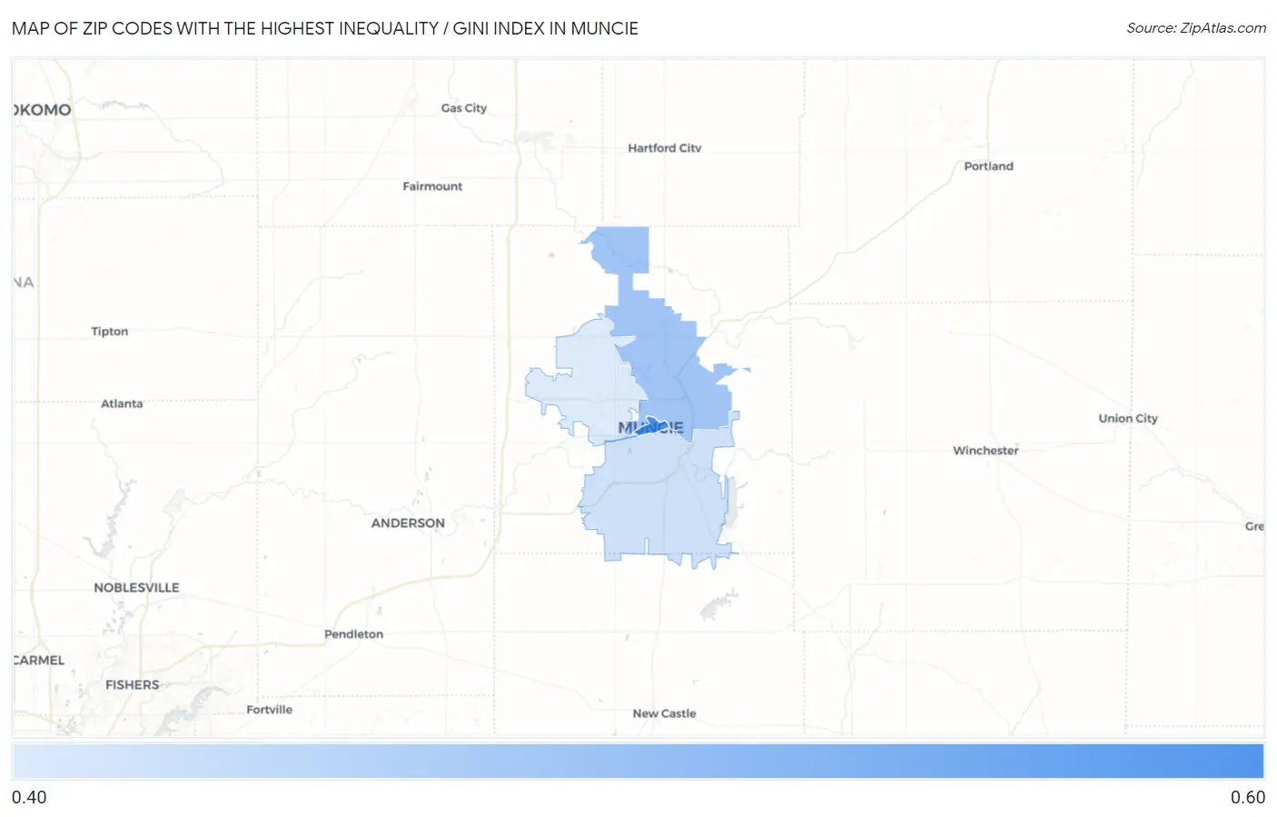 Zip Codes with the Highest Inequality / Gini Index in Muncie Map
