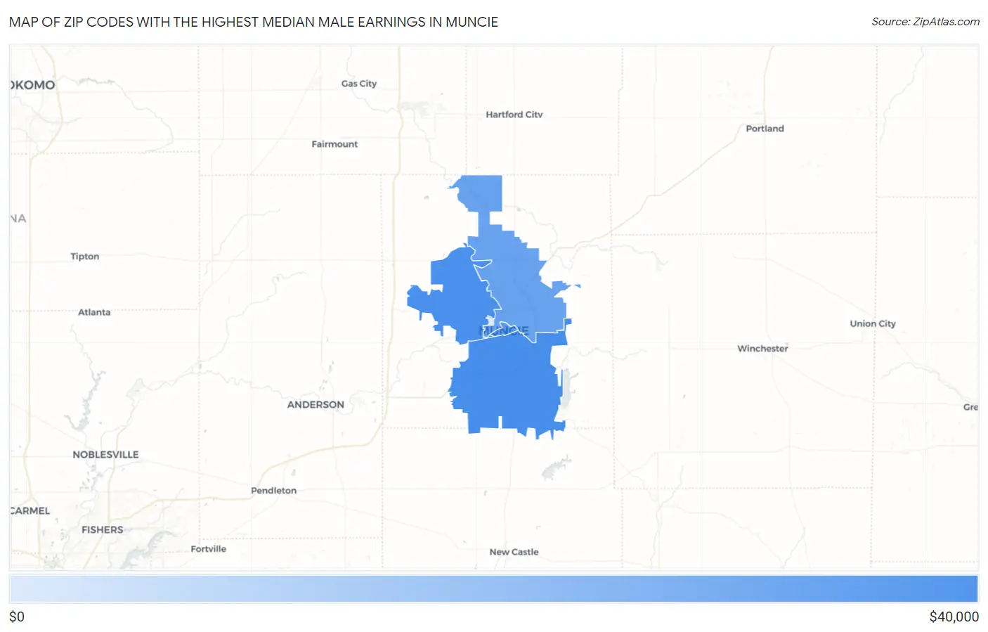 Zip Codes with the Highest Median Male Earnings in Muncie Map