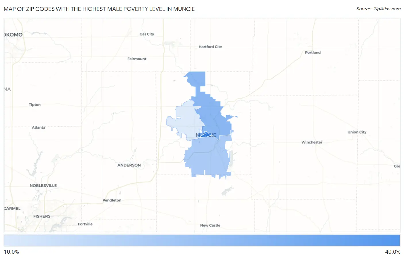 Zip Codes with the Highest Male Poverty Level in Muncie Map