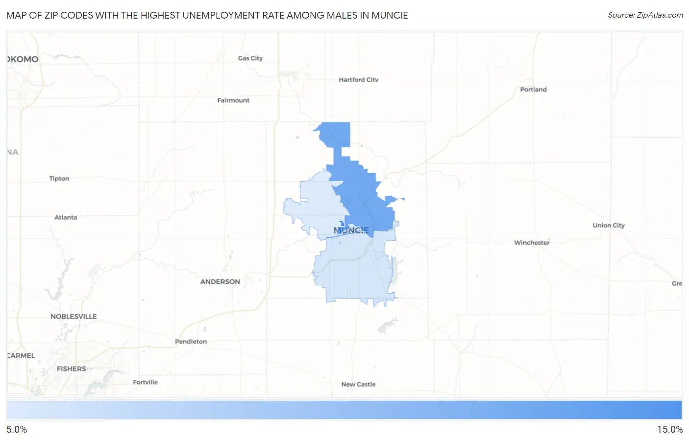 Zip Codes with the Highest Unemployment Rate Among Males in Muncie Map